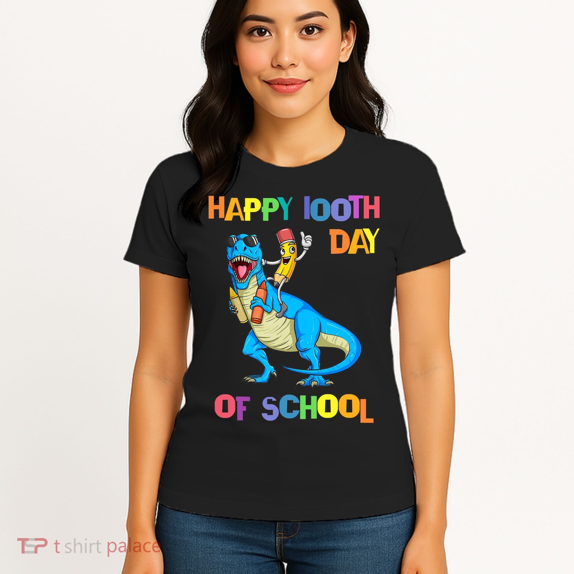 Happy 100th Day Of School Pencil Riding Dinosaur T Rex Funny Women's T-Shirt