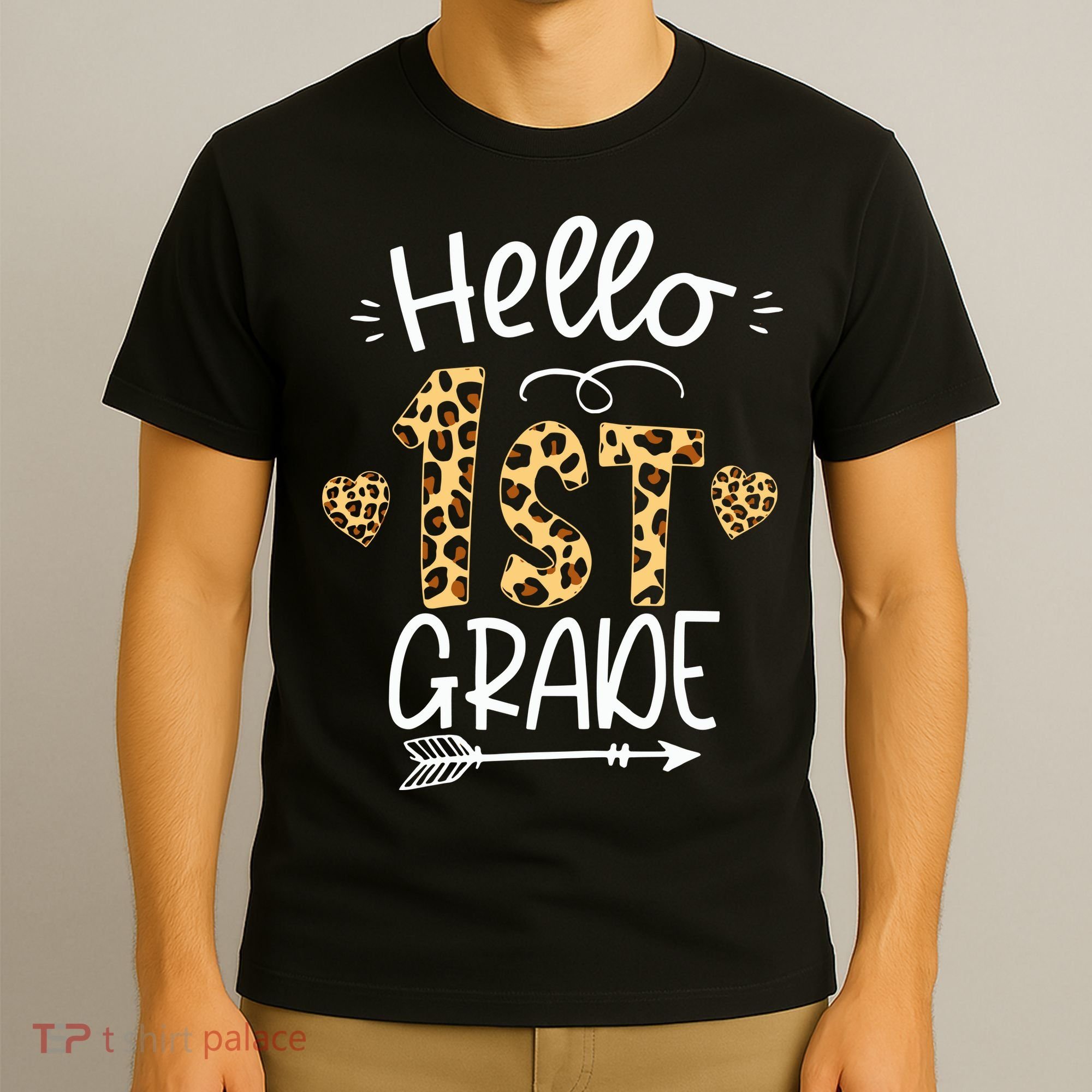 Hello 1st Grade Leopard Teacher Students Back To School First Day Of School T-Shirt