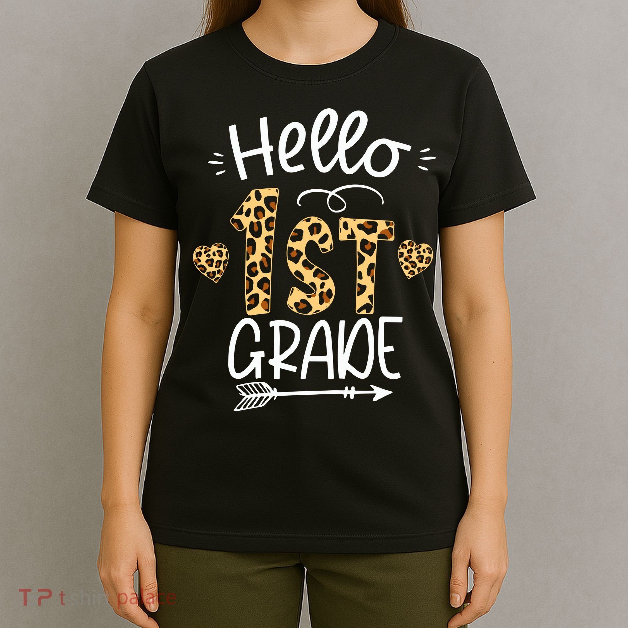 Hello 1st Grade Leopard Teacher Students Back To School First Day Of School T-Shirt