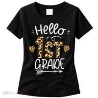 Hello 1st Grade Leopard Teacher Students Back To School First Day Of School Women's T-Shirt thumb 0