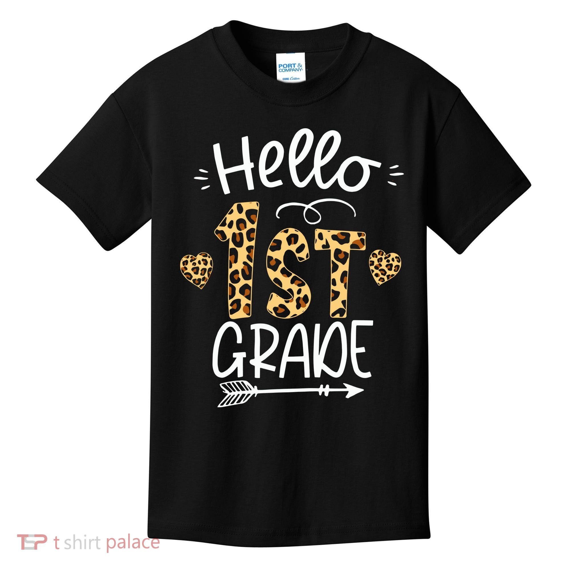 Hello 1st Grade Leopard Teacher Students Back To School First Day Of School Kids T-Shirt