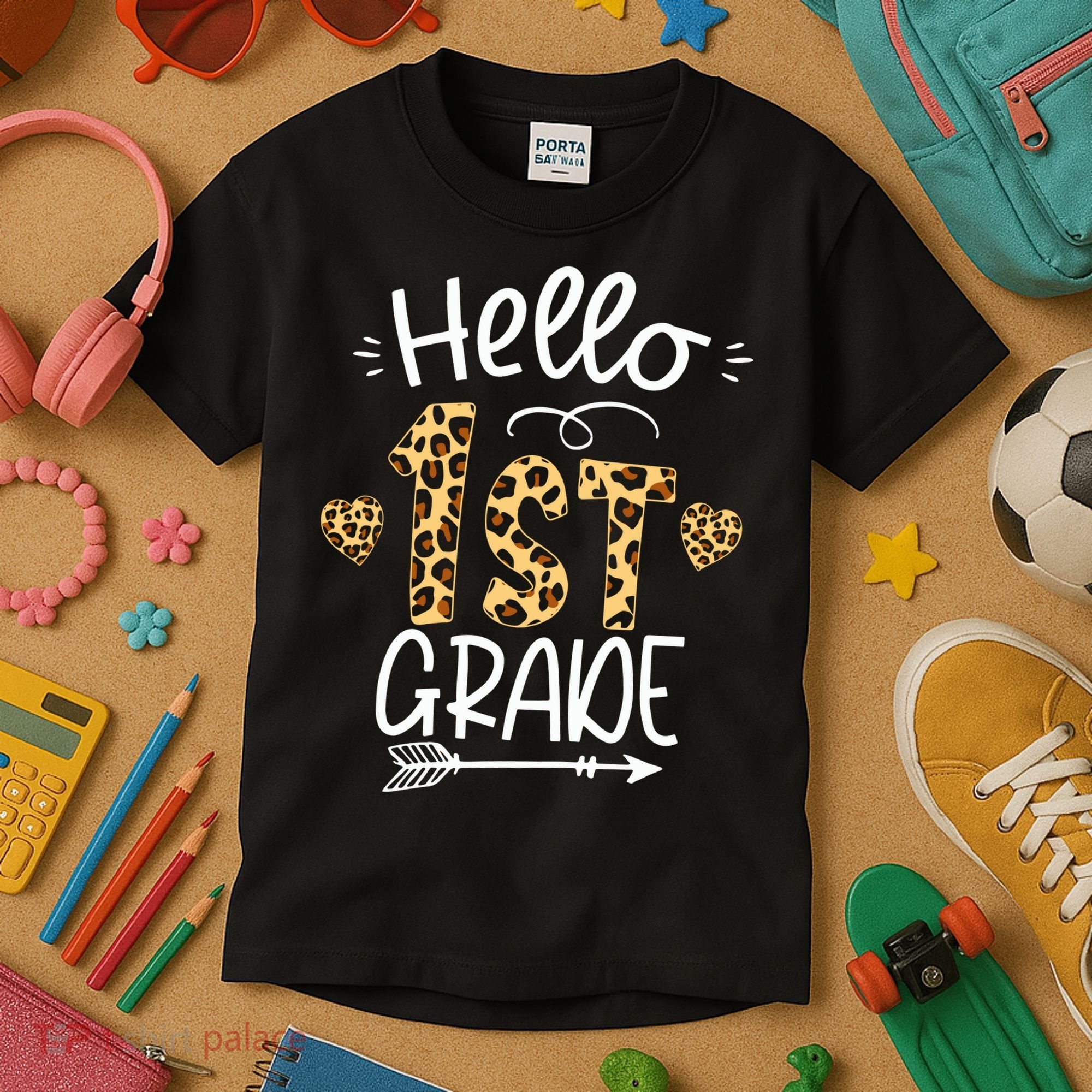 Hello 1st Grade Leopard Teacher Students Back To School First Day Of School Kids T-Shirt