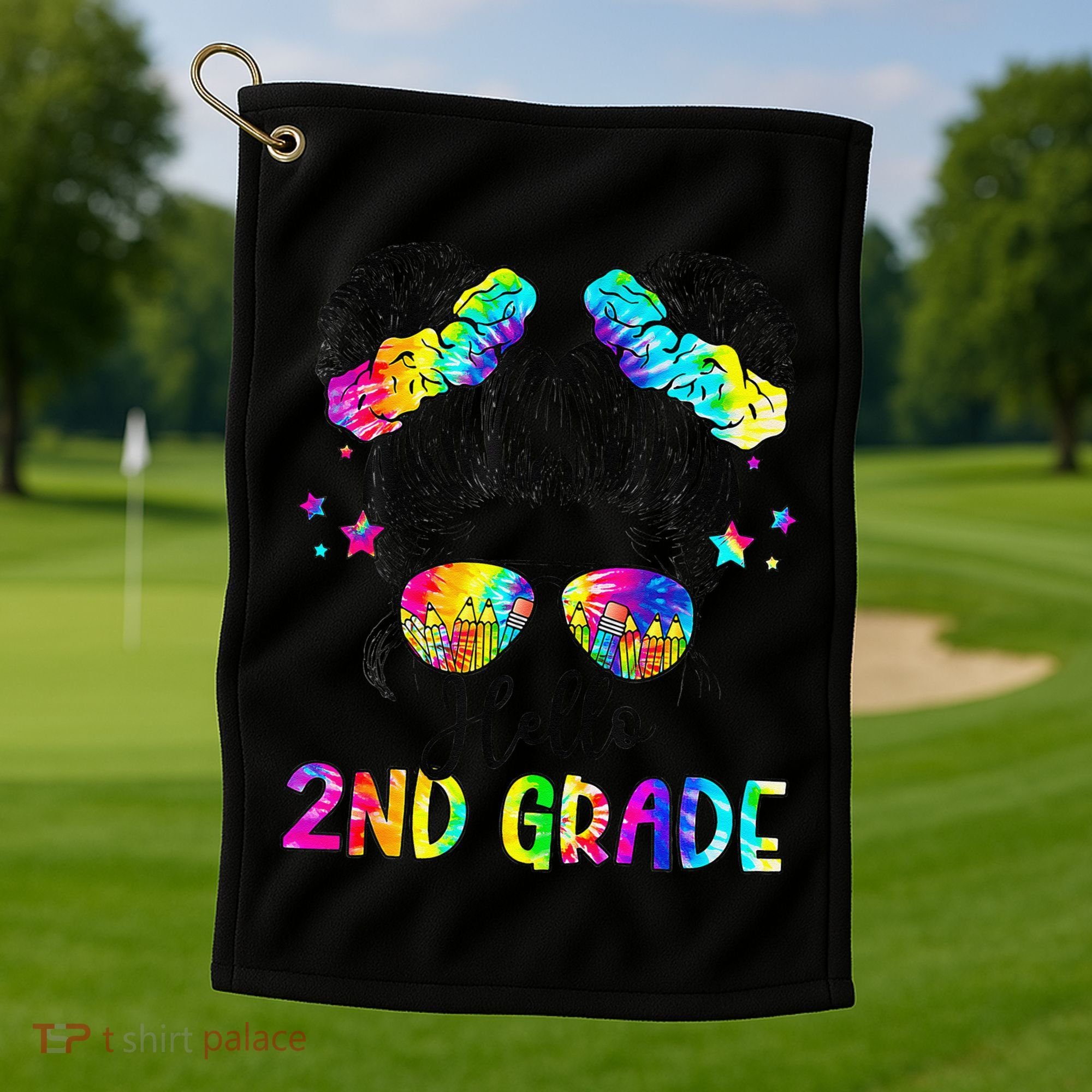 Hello 2nd Grade Messy Hair Bun Girl Back To School First Day Gift Golf Towel