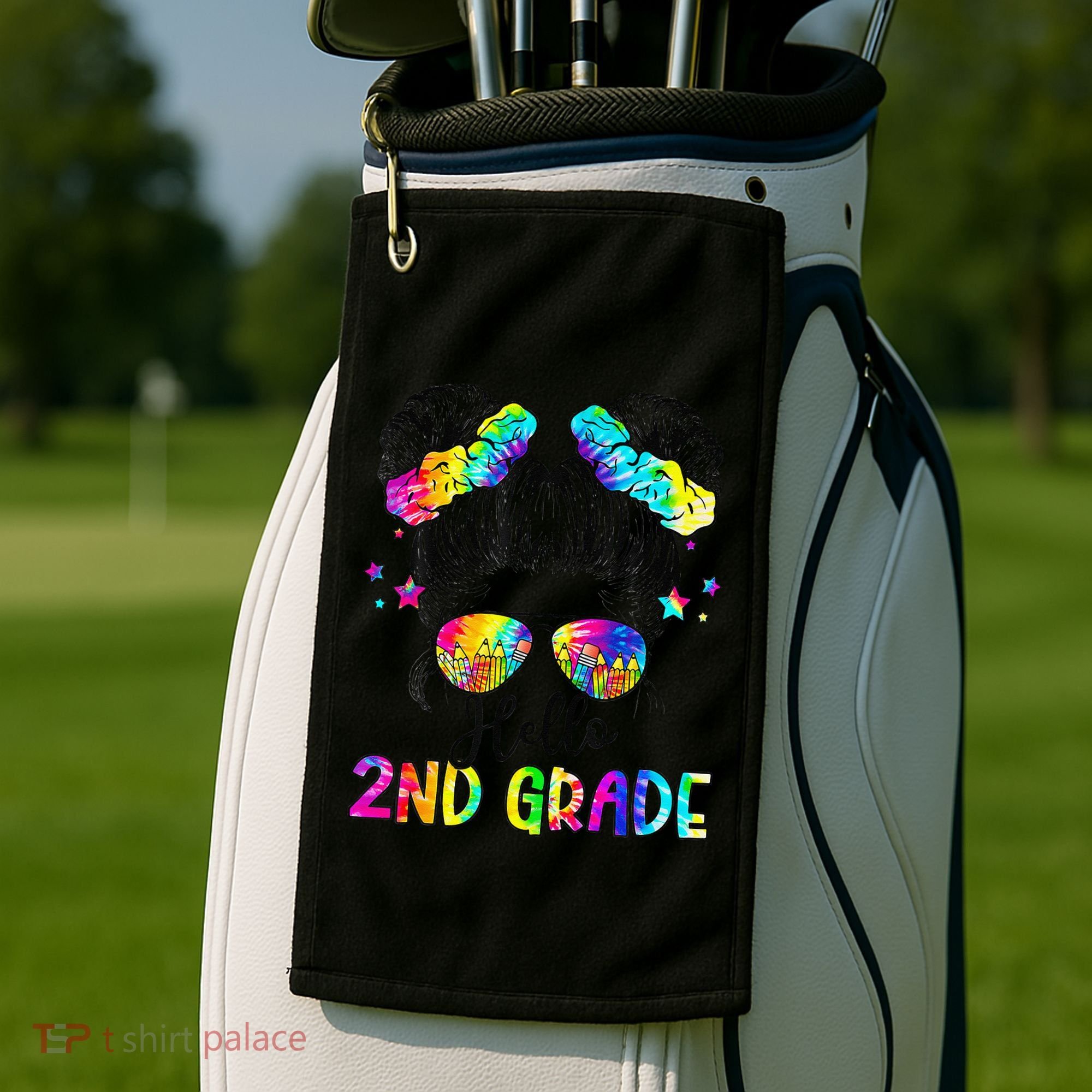 Hello 2nd Grade Messy Hair Bun Girl Back To School First Day Gift Golf Towel