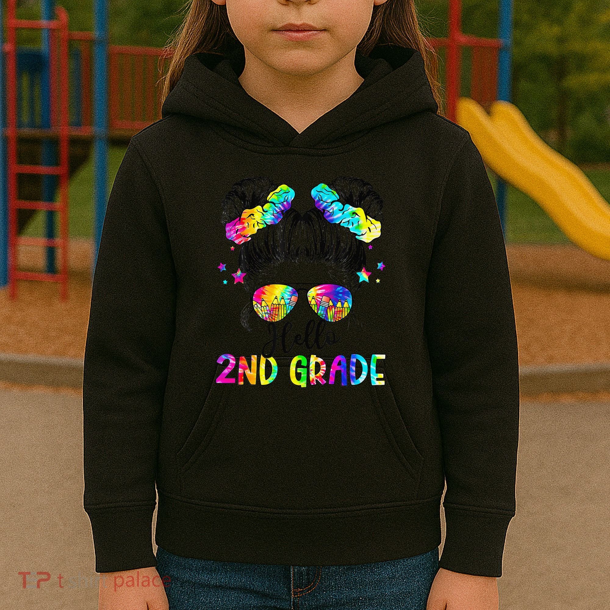 Hello 2nd Grade Messy Hair Bun Girl Back To School First Day Gift Kids Hoodie