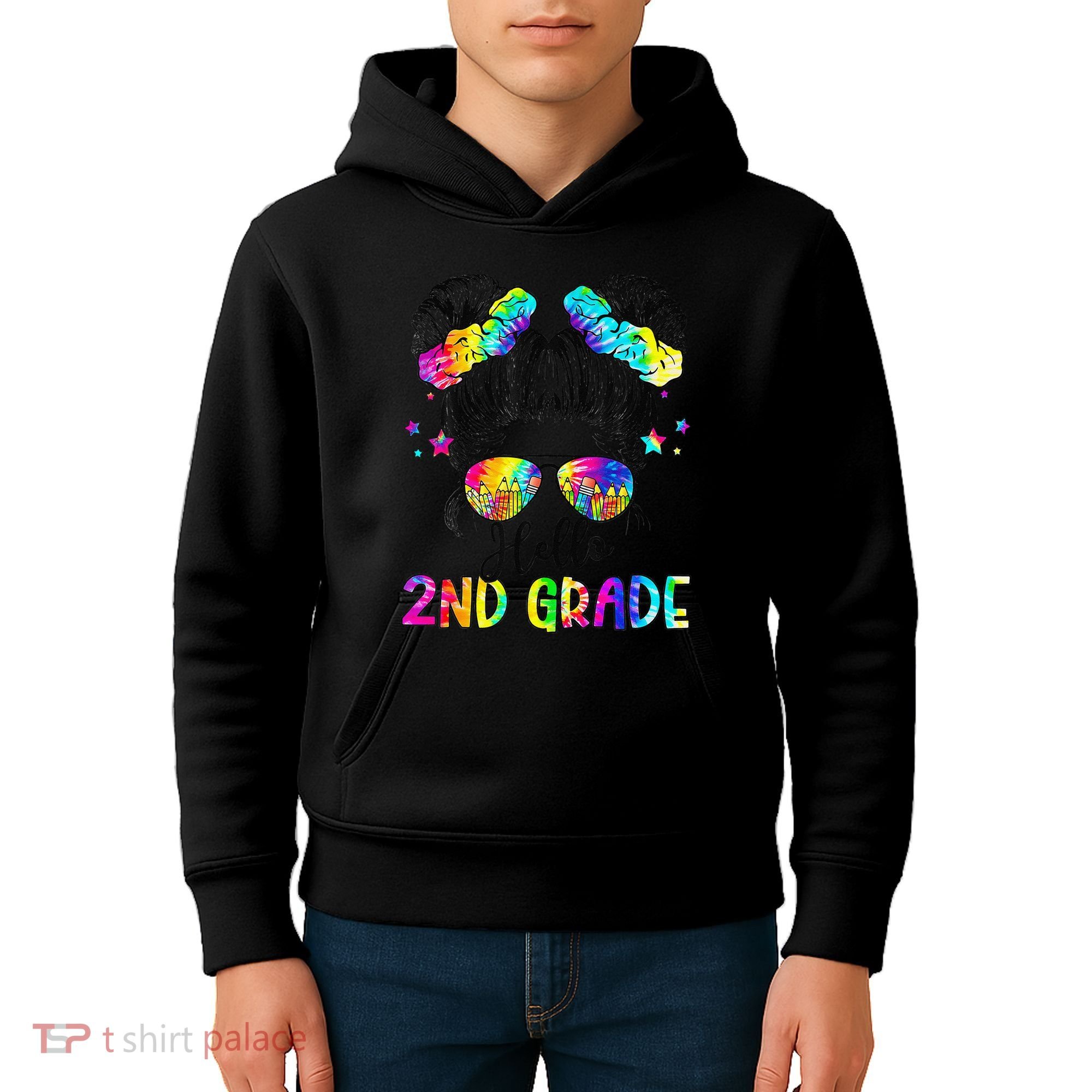Hello 2nd Grade Messy Hair Bun Girl Back To School First Day Gift Kids Hoodie