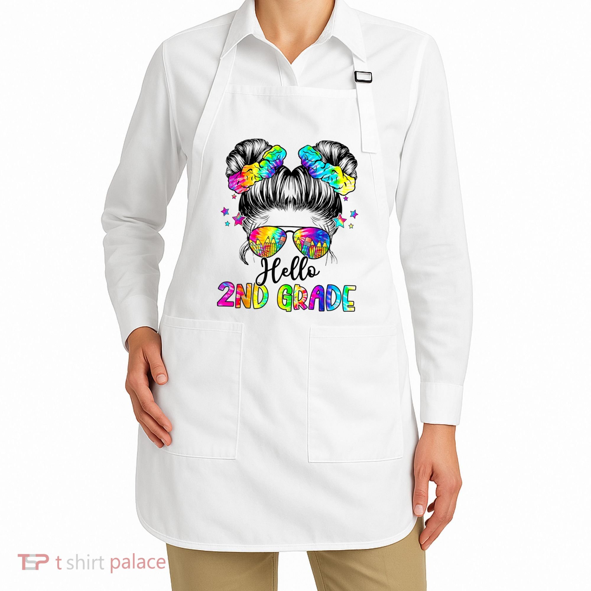 Hello 2nd Grade Messy Hair Bun Girl Back To School First Day Apron