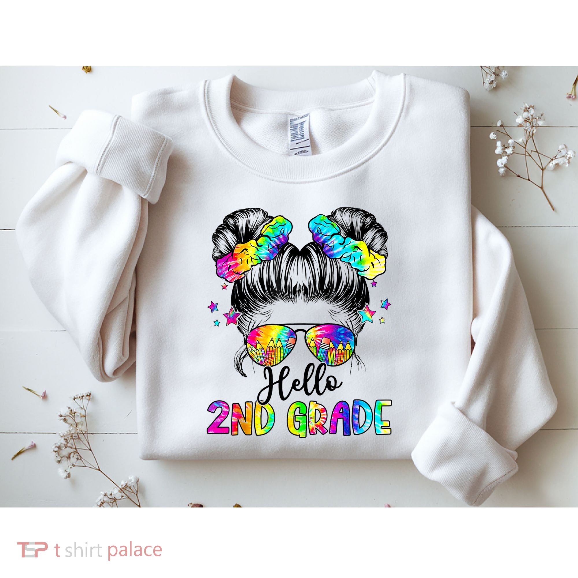 Hello 2nd Grade Messy Hair Bun Girl Back To School First Day Sweatshirt