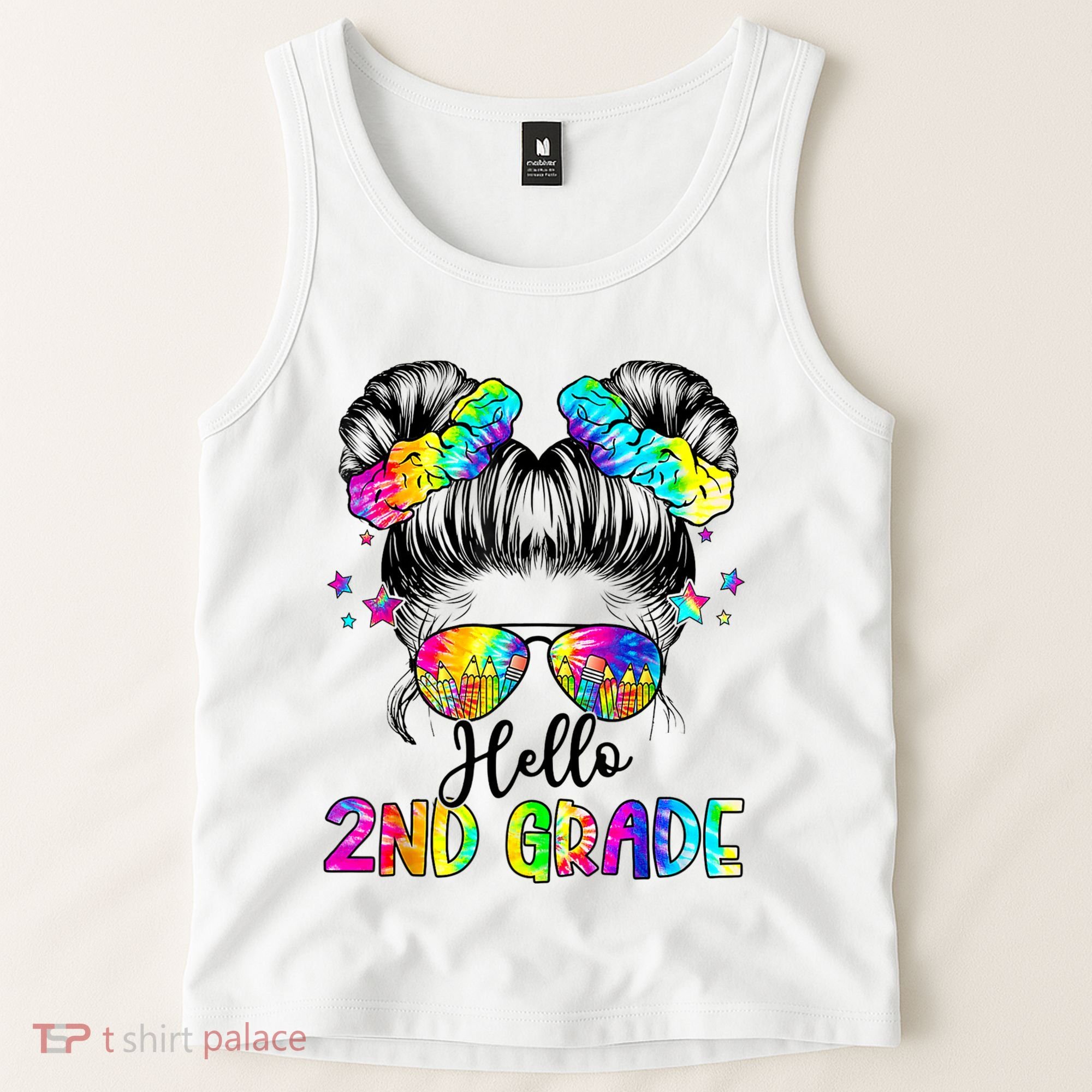 Hello 2nd Grade Messy Hair Bun Girl Back To School First Day Tank Top