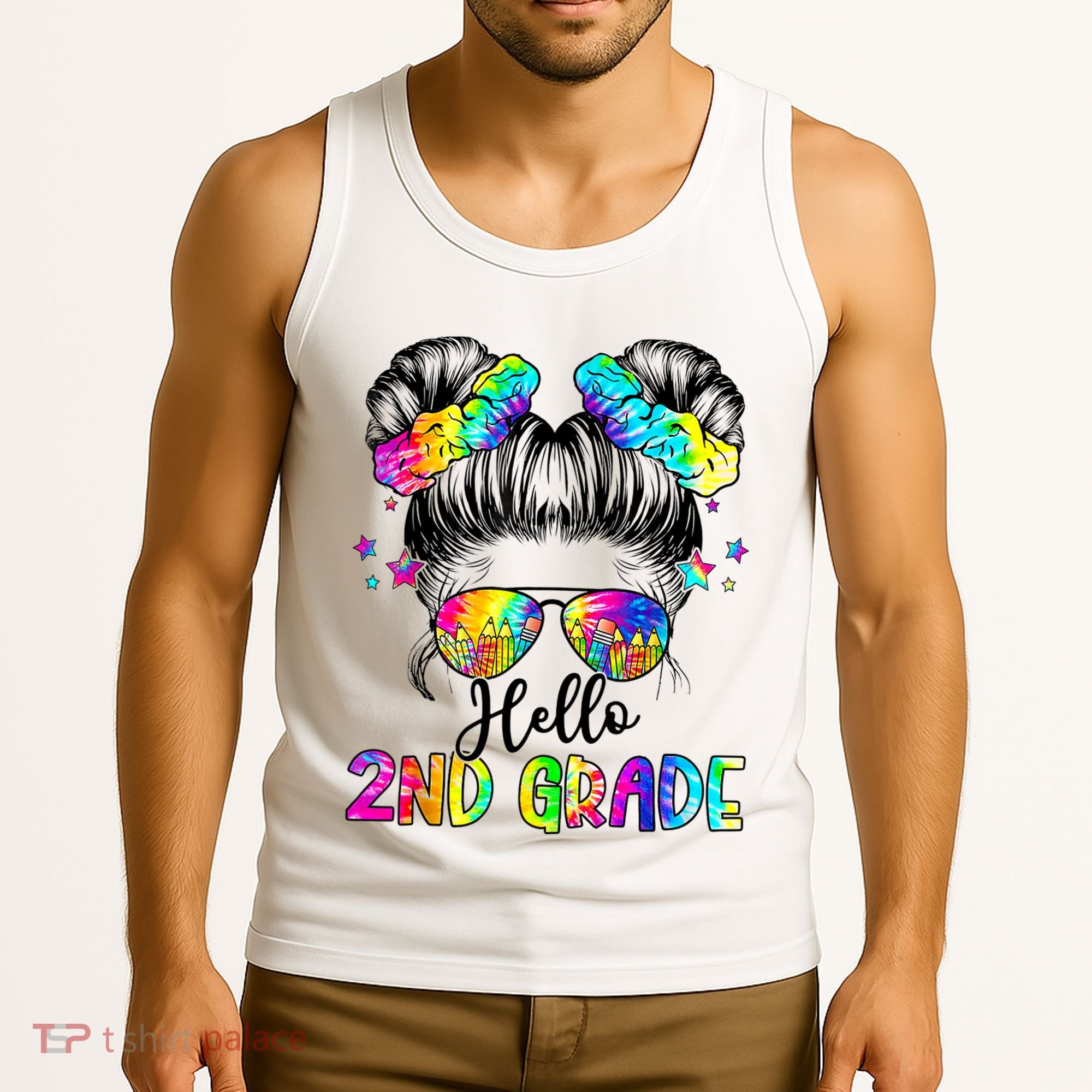Hello 2nd Grade Messy Hair Bun Girl Back To School First Day Tank Top