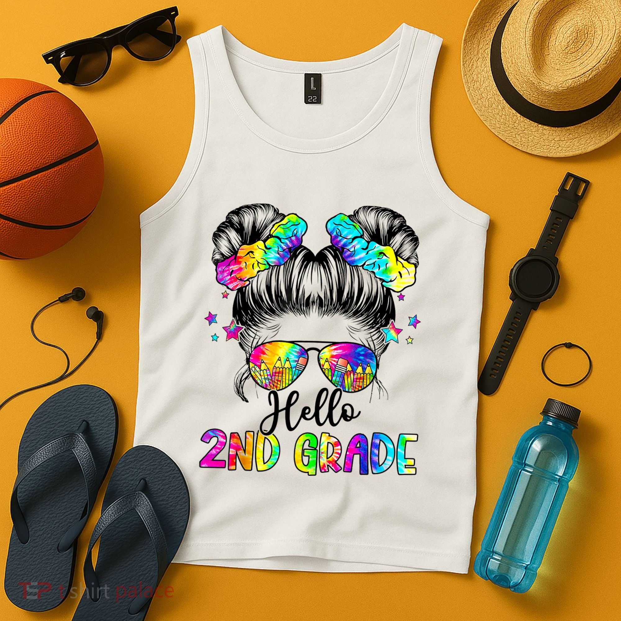 Hello 2nd Grade Messy Hair Bun Girl Back To School First Day Tank Top