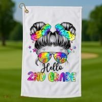 Hello 2nd Grade Messy Hair Bun Girl Back To School First Day Golf Towel thumb 1