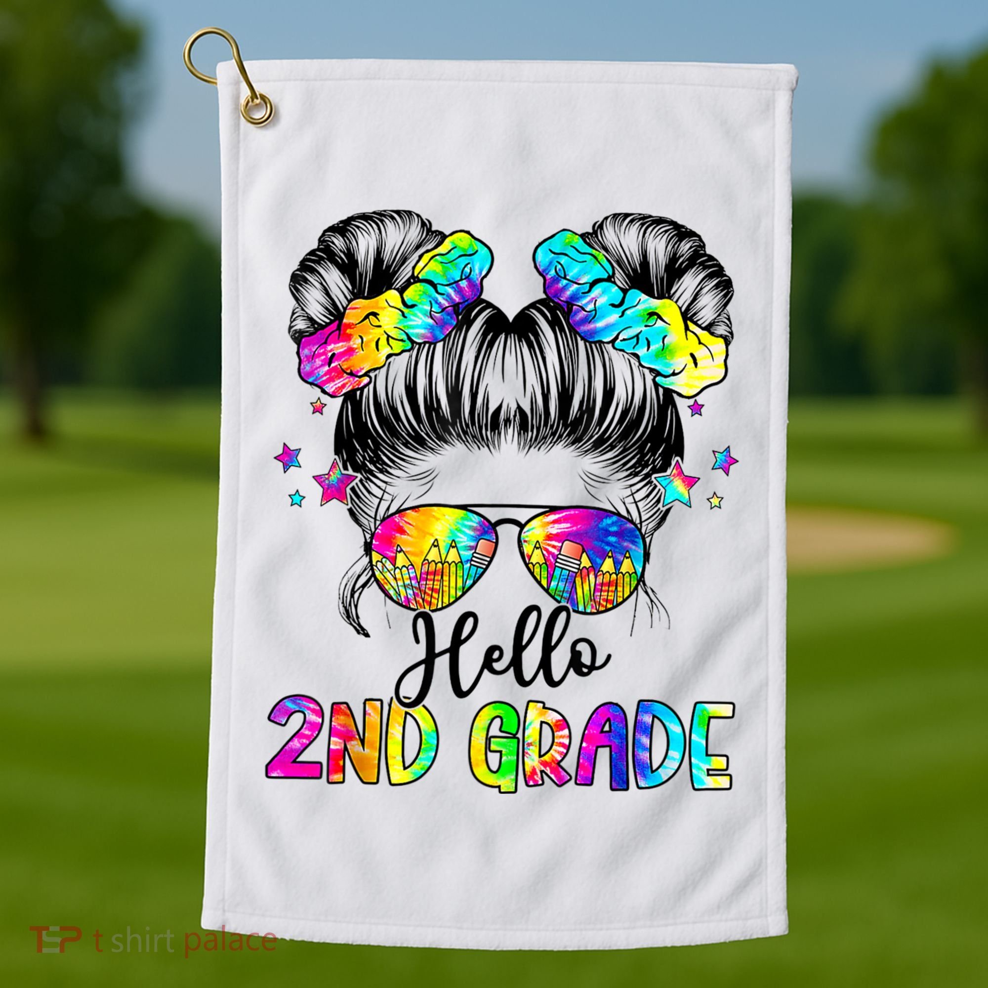 Hello 2nd Grade Messy Hair Bun Girl Back To School First Day Golf Towel