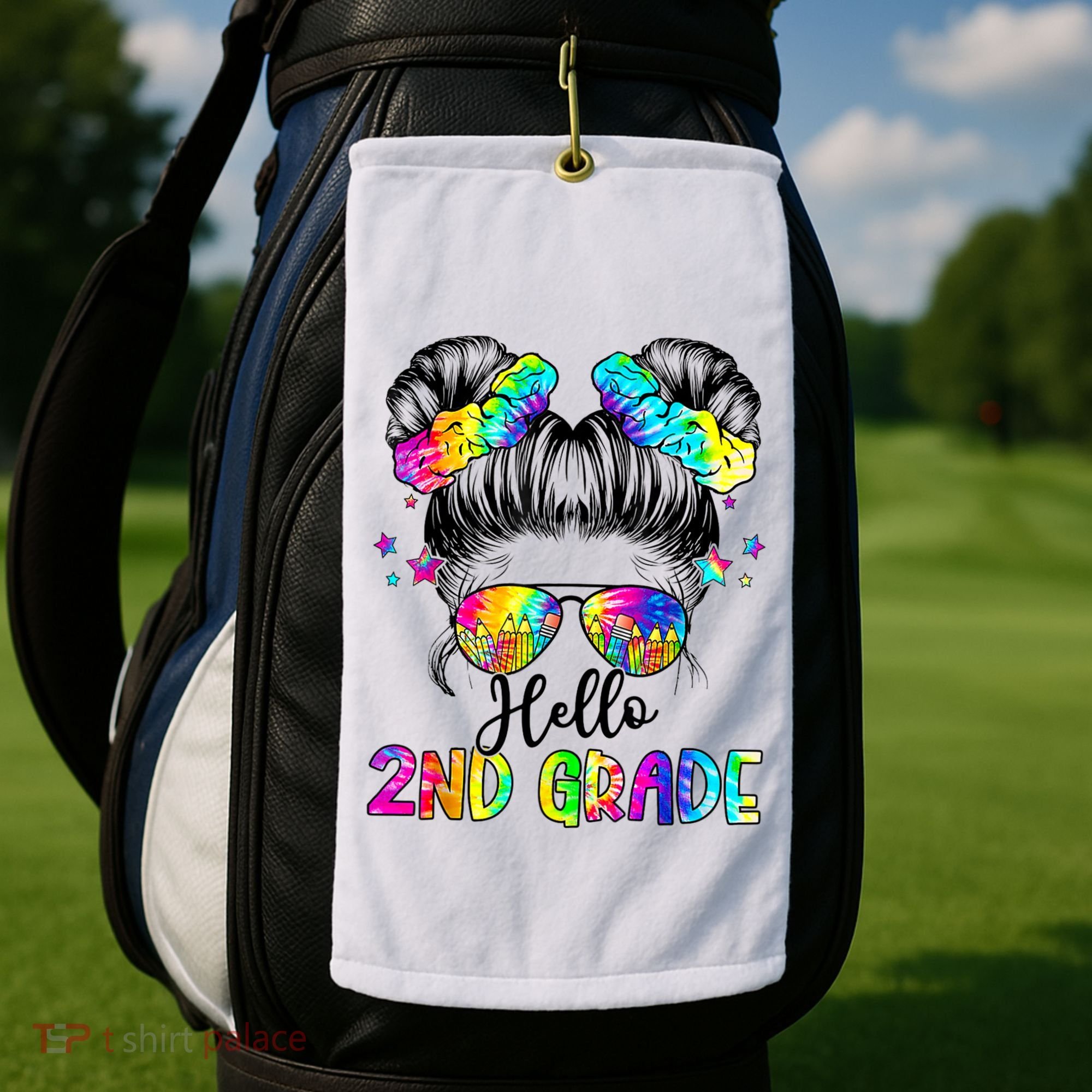 Hello 2nd Grade Messy Hair Bun Girl Back To School First Day Golf Towel