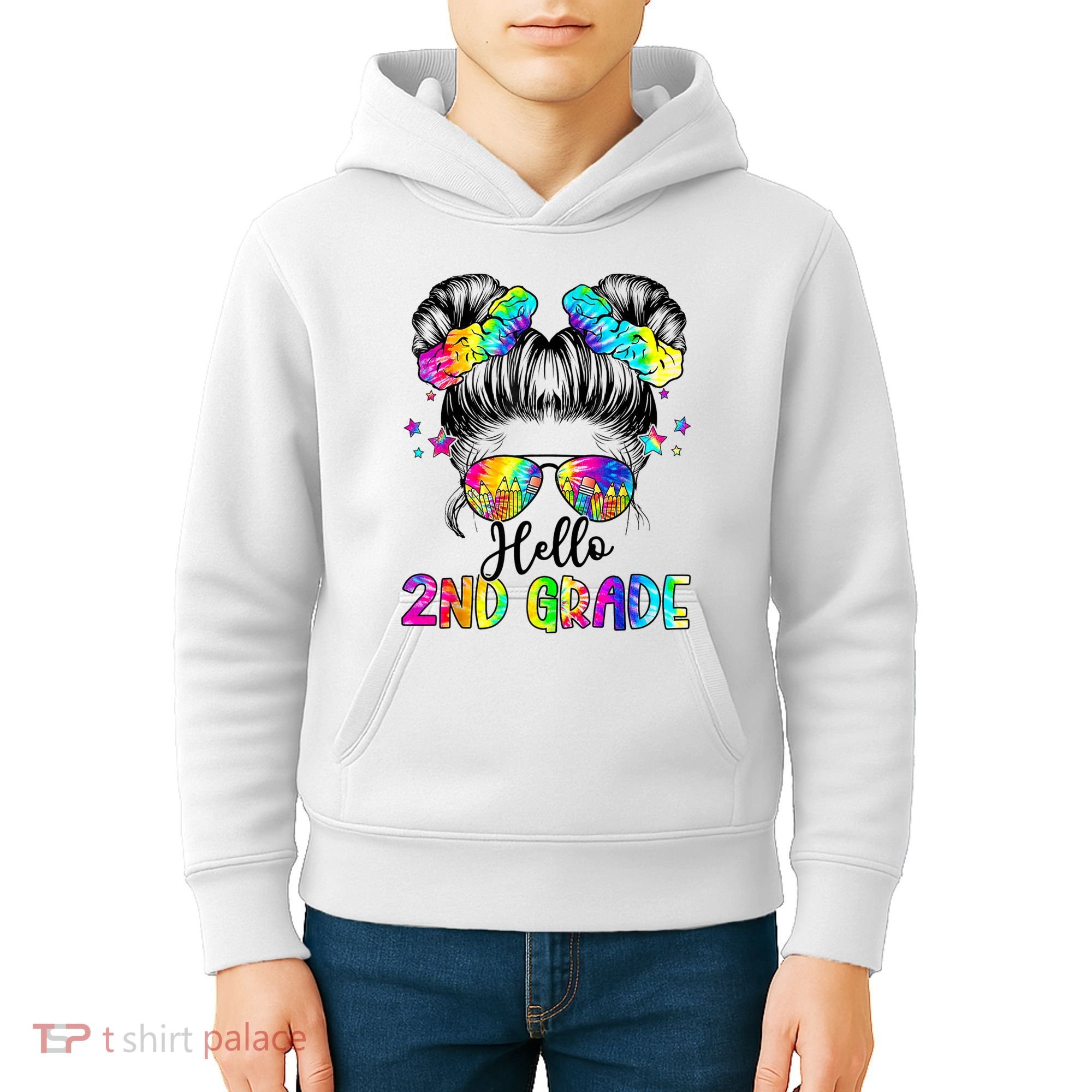 Hello 2nd Grade Messy Hair Bun Girl Back To School First Day Kids Hoodie