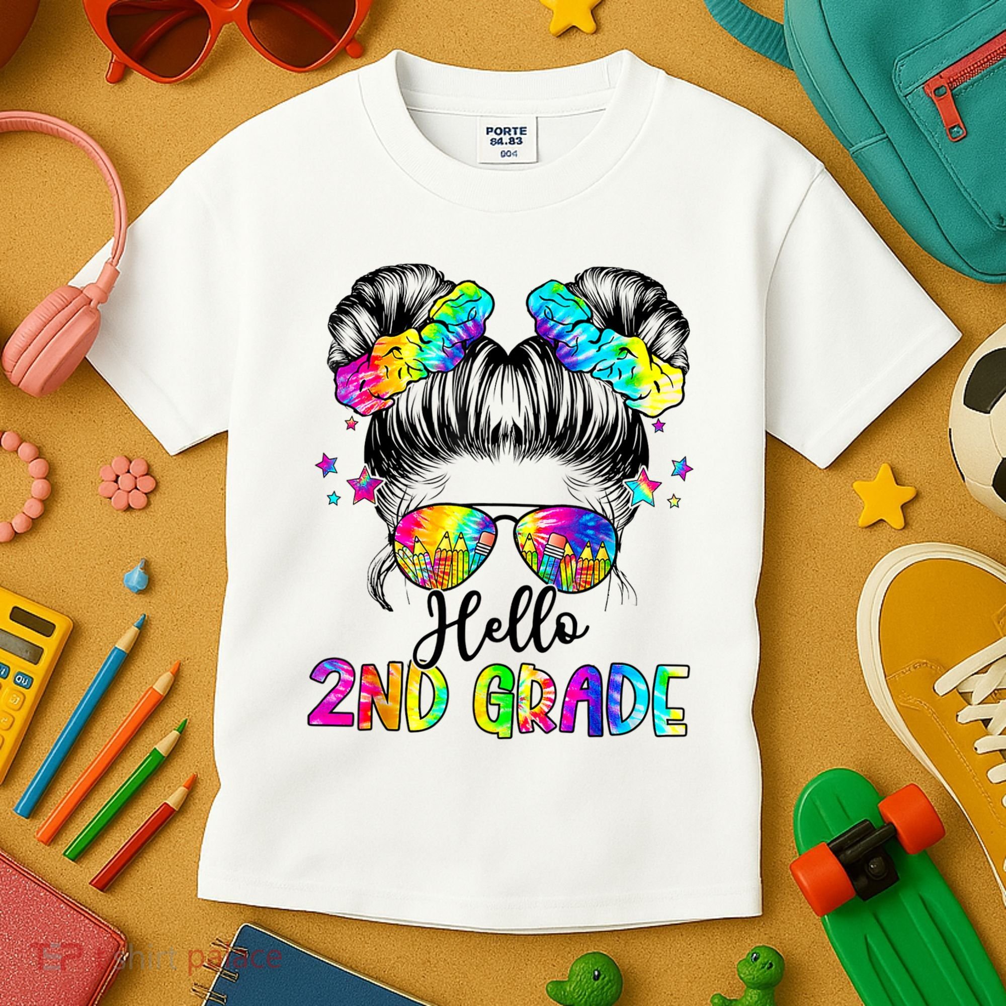 Hello 2nd Grade Messy Hair Bun Girl Back To School First Day Kids T-Shirt
