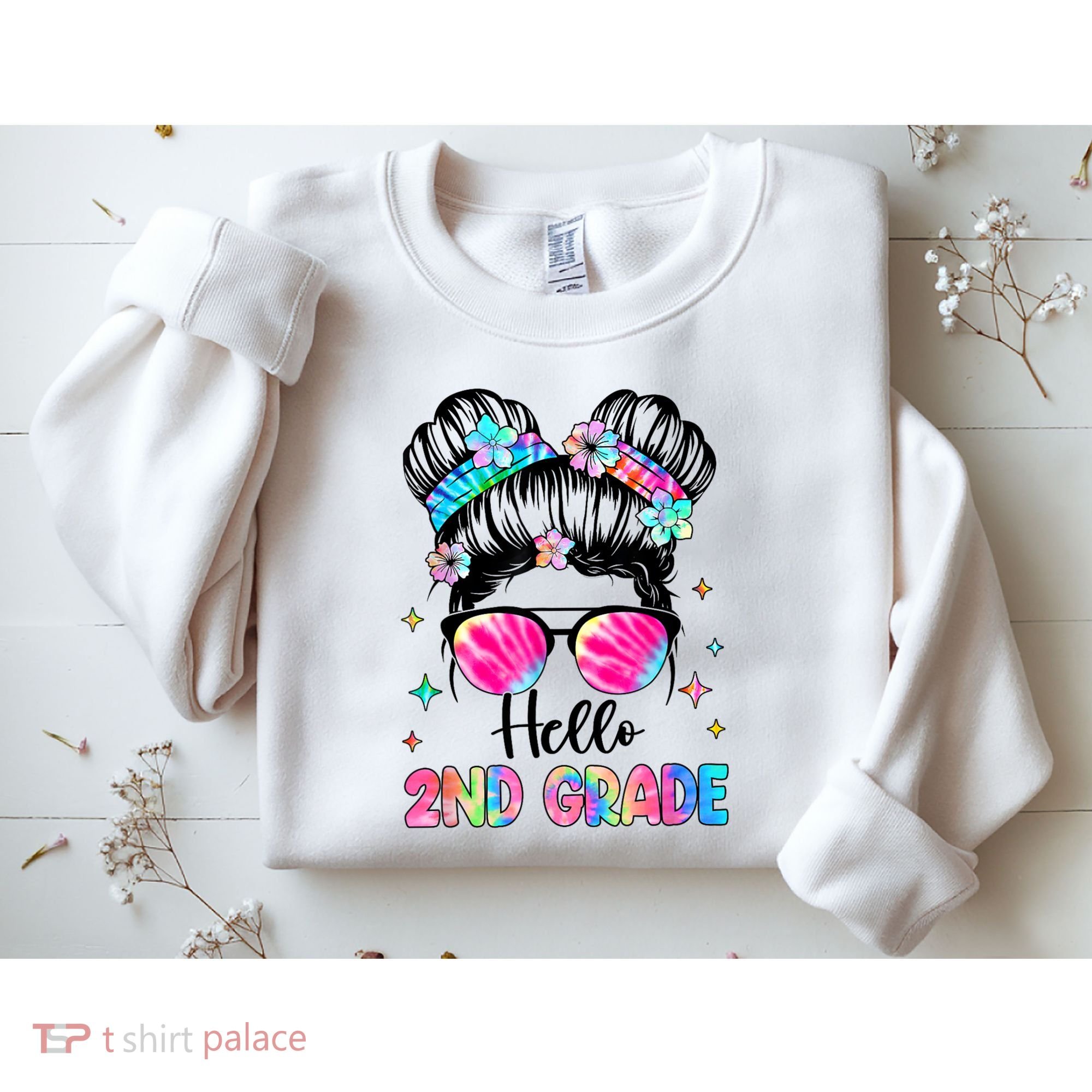 Hello 2nd Grade Messy Hair Bun Girl Back To School First Day Sweatshirt