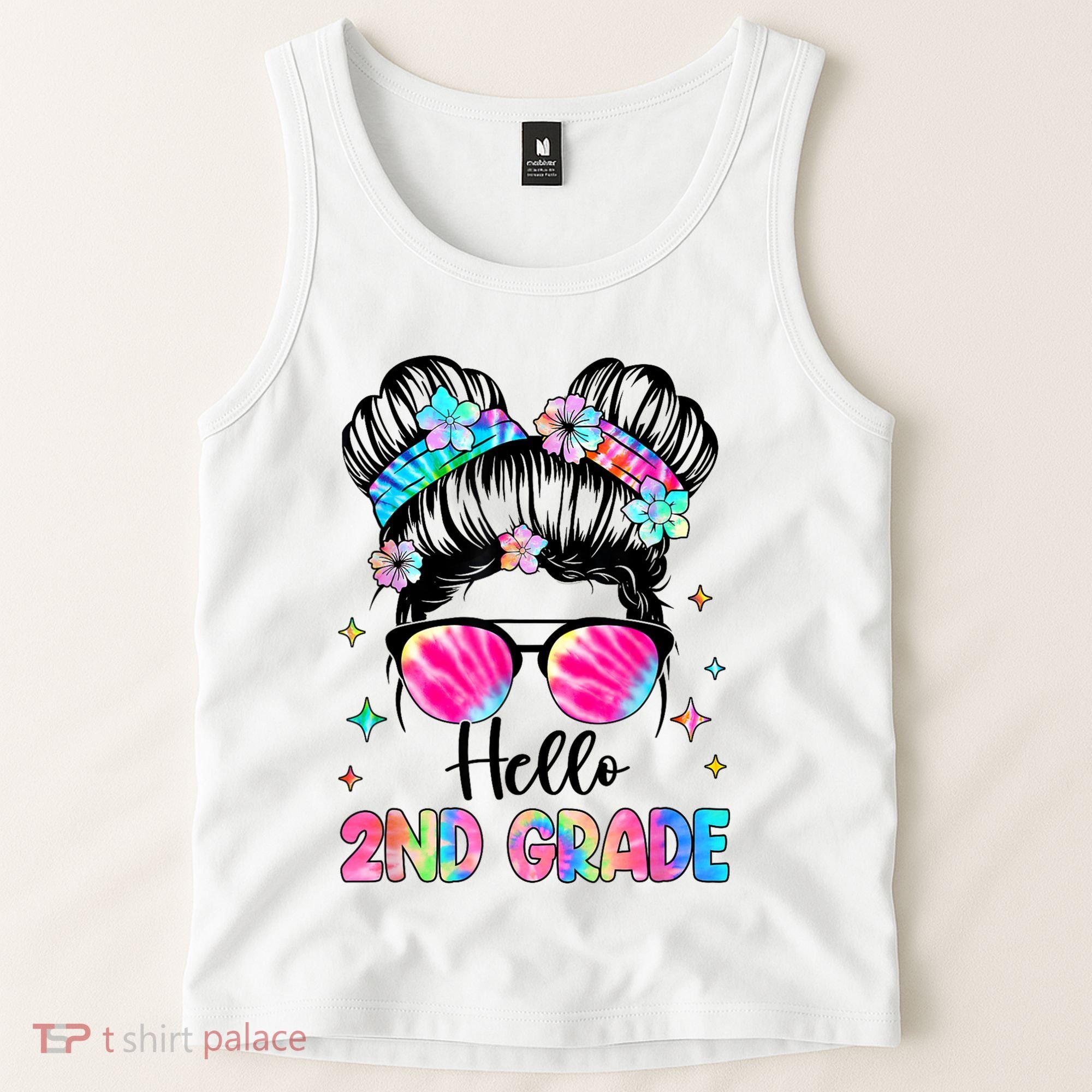 Hello 2nd Grade Messy Hair Bun Girl Back To School First Day Tank Top