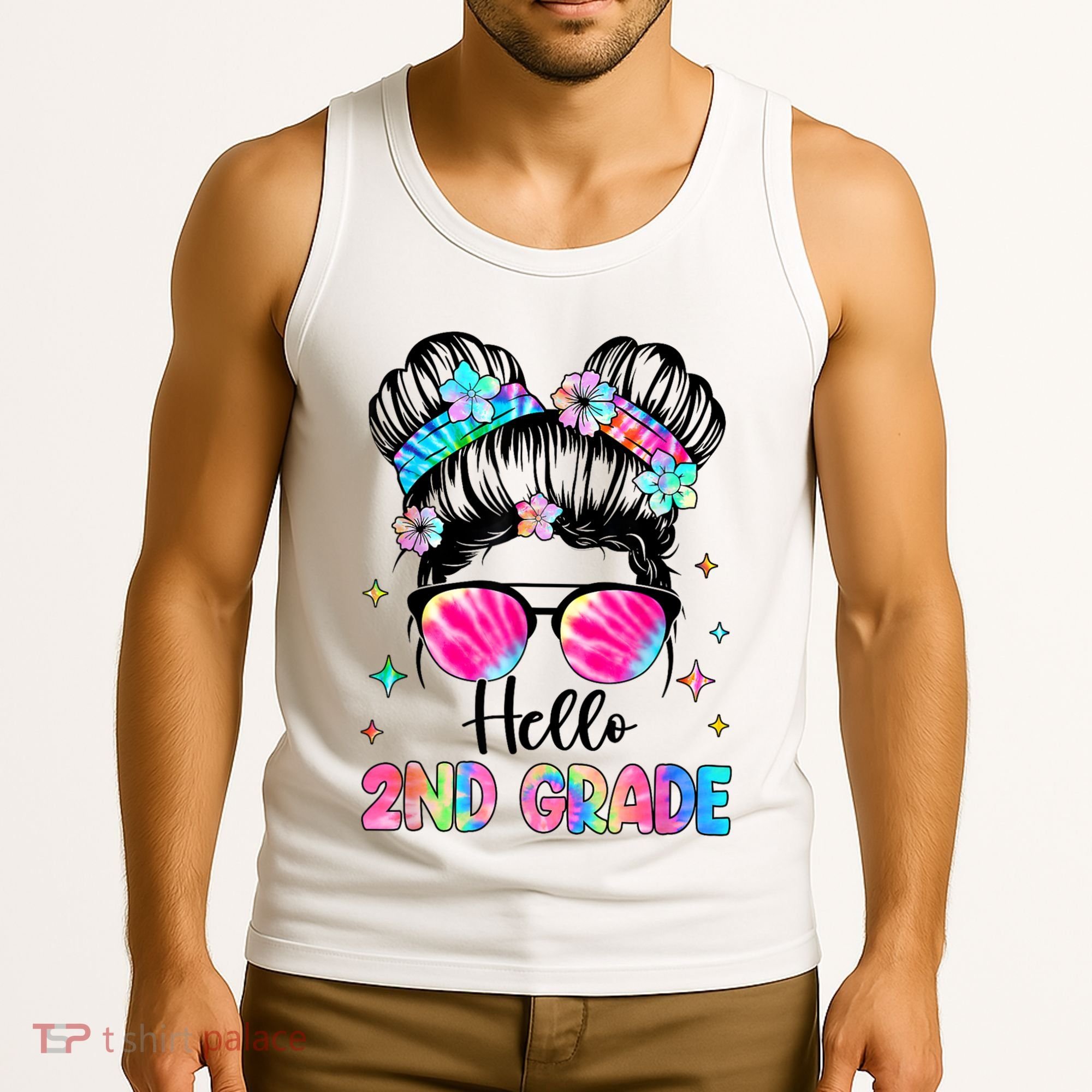 Hello 2nd Grade Messy Hair Bun Girl Back To School First Day Tank Top