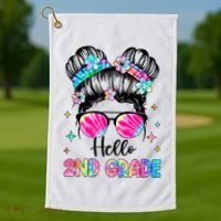 Hello 2nd Grade Messy Hair Bun Girl Back To School First Day Golf Towel thumb 1