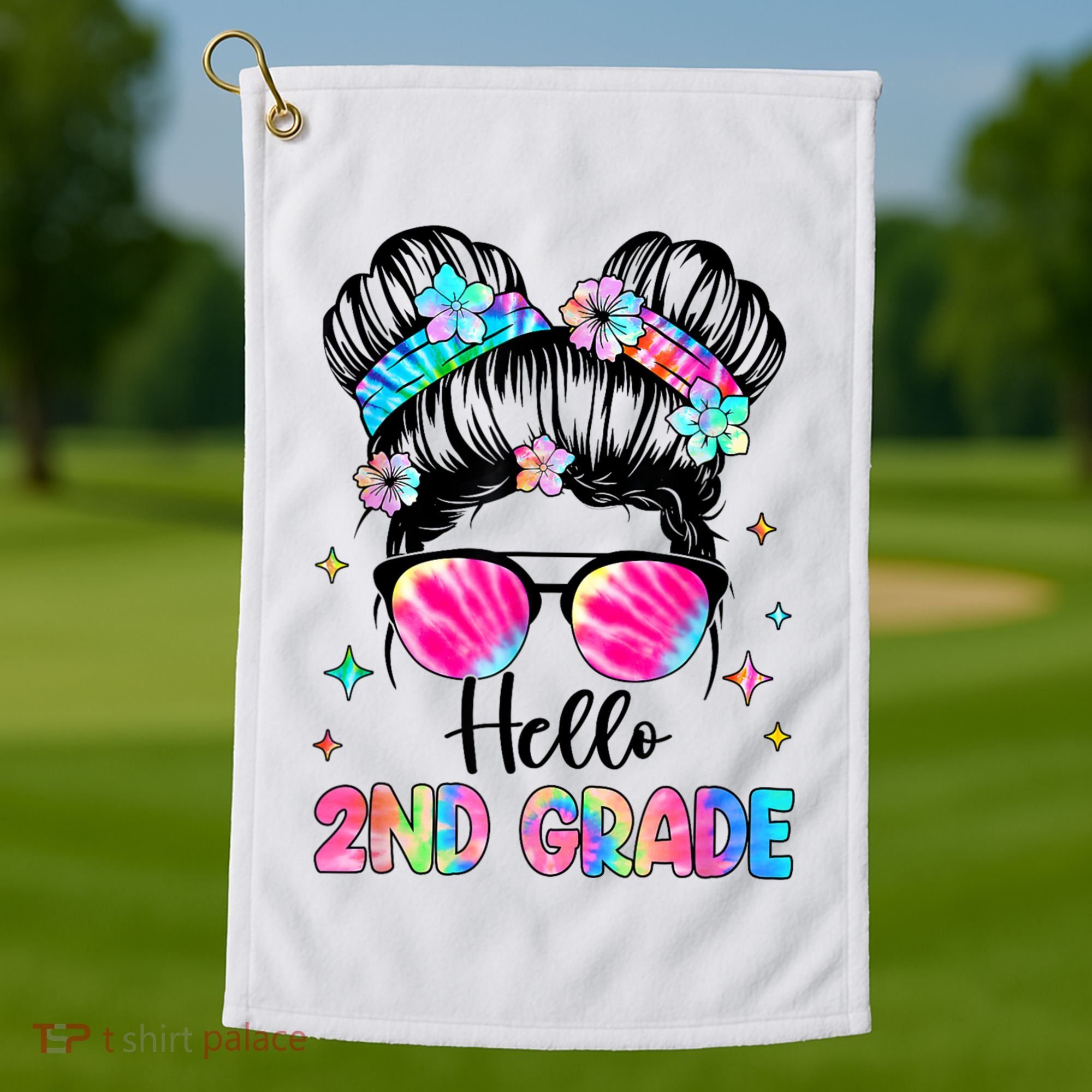 Hello 2nd Grade Messy Hair Bun Girl Back To School First Day Golf Towel