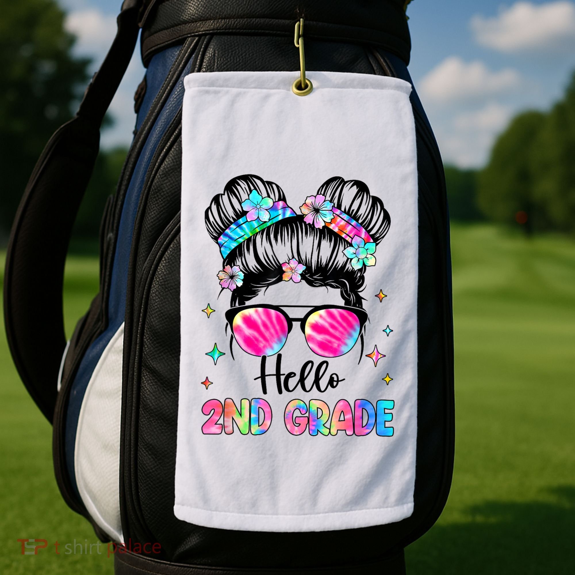 Hello 2nd Grade Messy Hair Bun Girl Back To School First Day Golf Towel