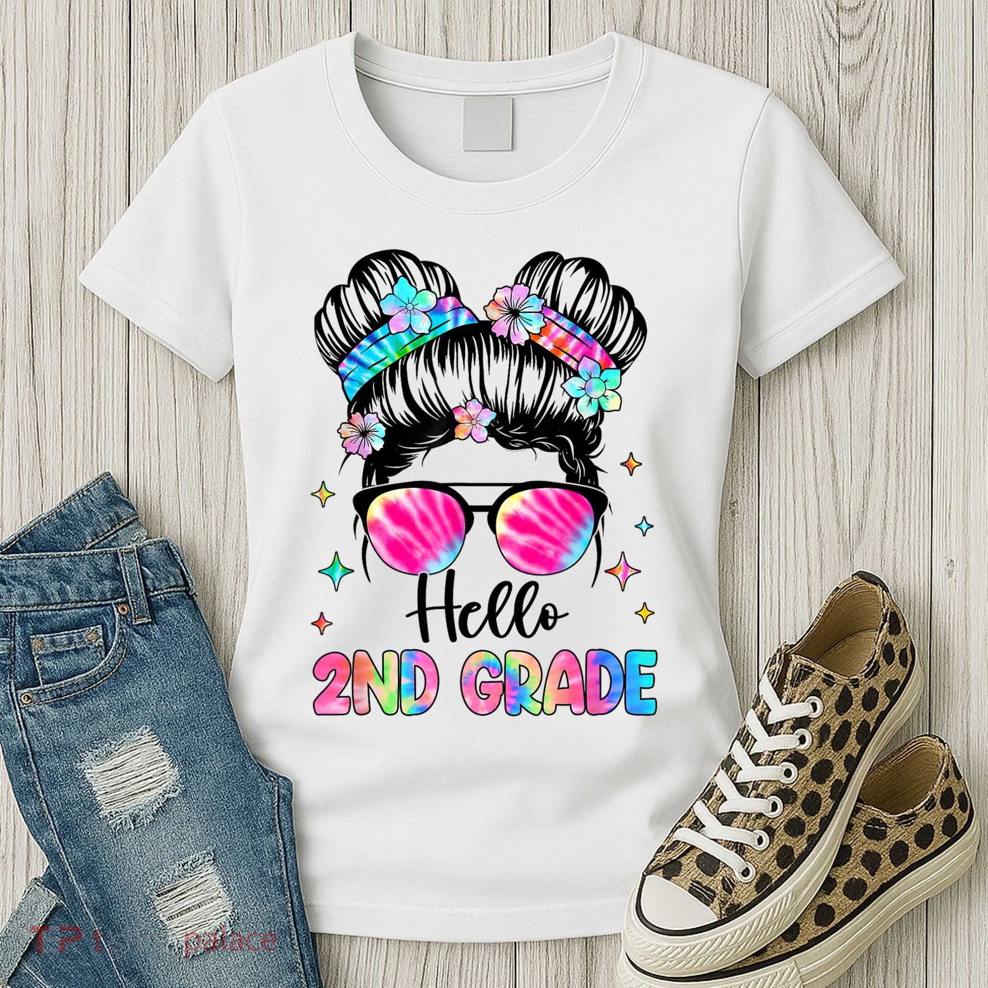 Hello 2nd Grade Messy Hair Bun Girl Back To School First Day Women's T-Shirt