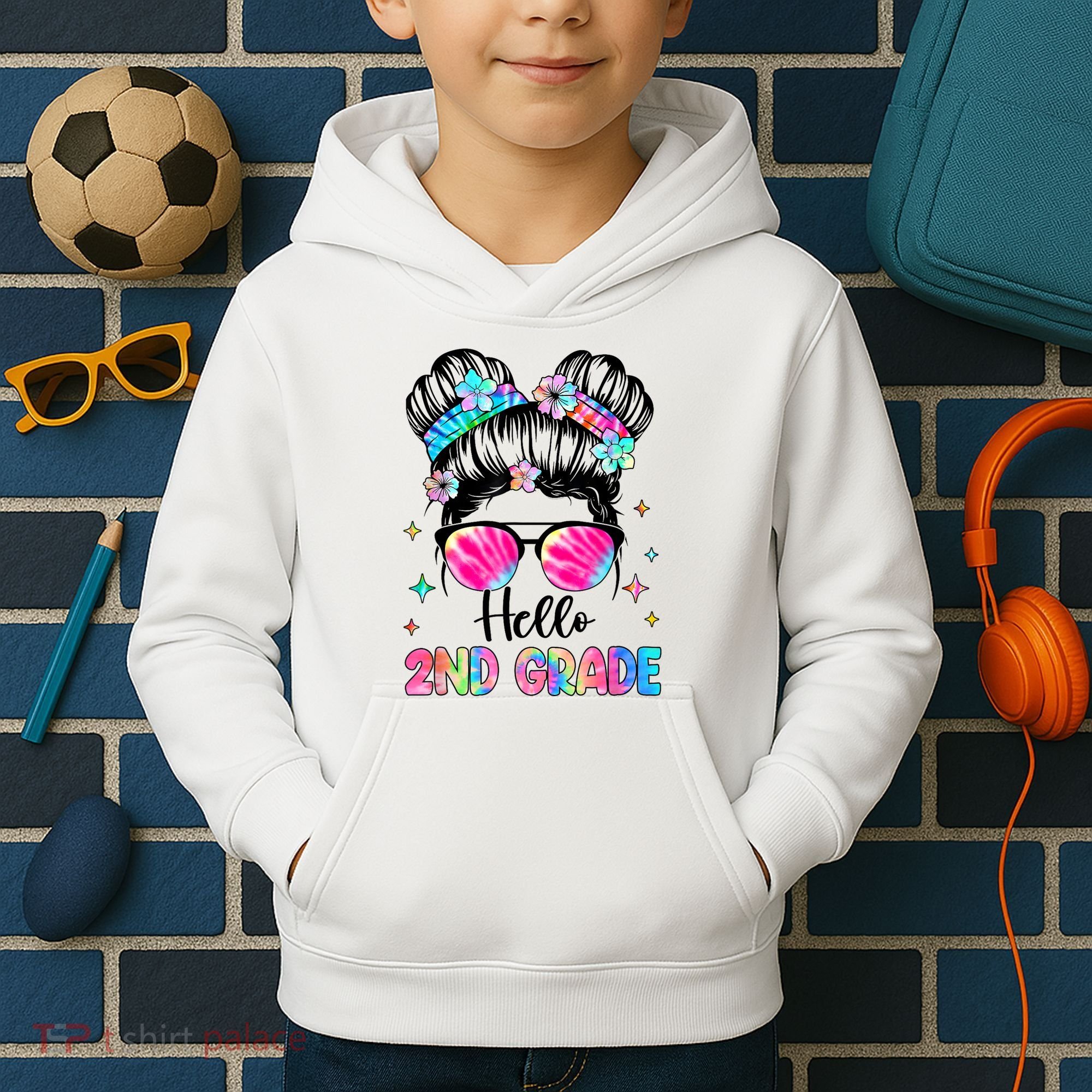 Hello 2nd Grade Messy Hair Bun Girl Back To School First Day Kids Hoodie