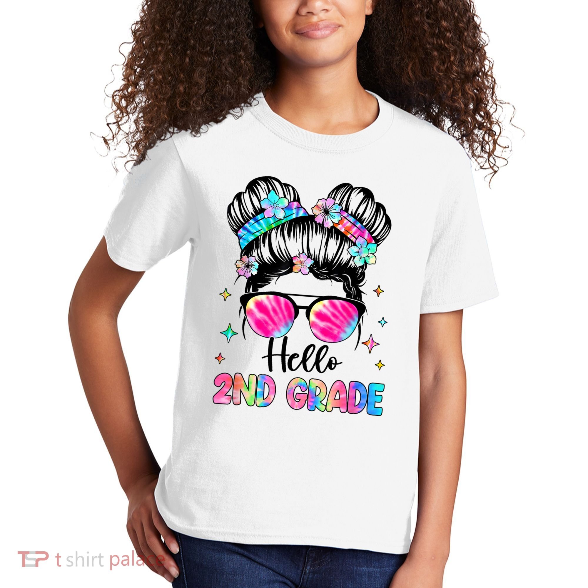 Hello 2nd Grade Messy Hair Bun Girl Back To School First Day Kids T-Shirt
