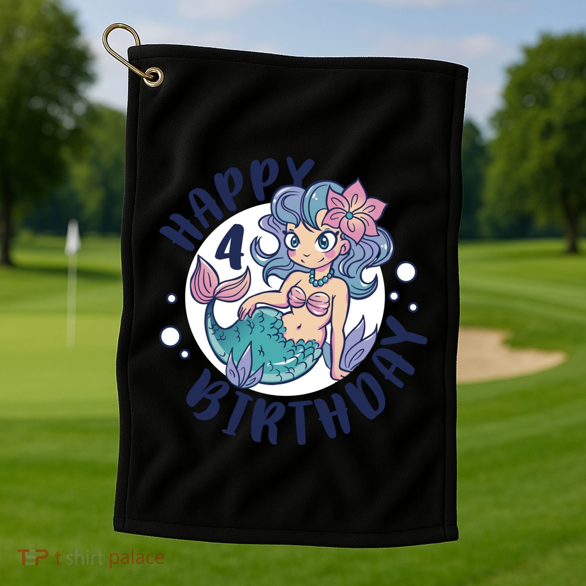 Happy 4th Birthday Cute Mermaid Golf Towel