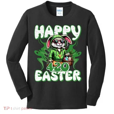 Happy 420 Easter Funny Smoking Easter Bunny Kids Long Sleeve Shirt