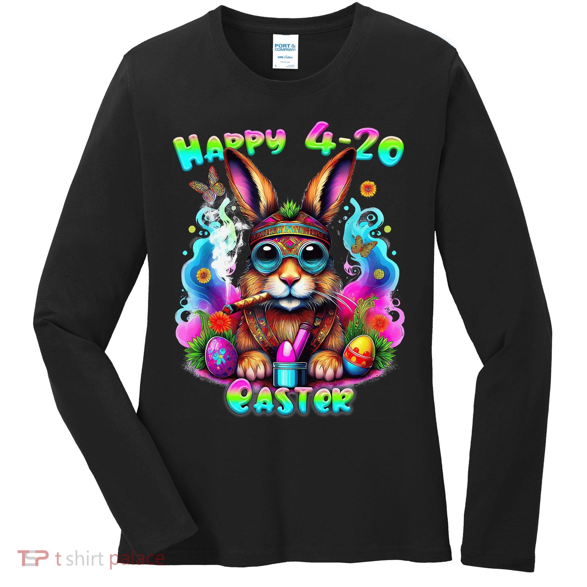 Happy 420 Easter Day Bunny Smoking Weed Marijuana Funny 420 Women's Long Sleeve Shirt