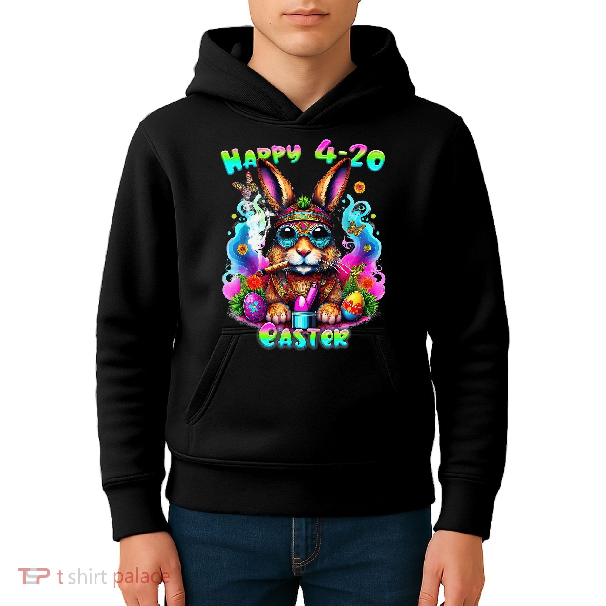 Happy 420 Easter Day Bunny Smoking Weed Marijuana Funny 420 Kids Hoodie
