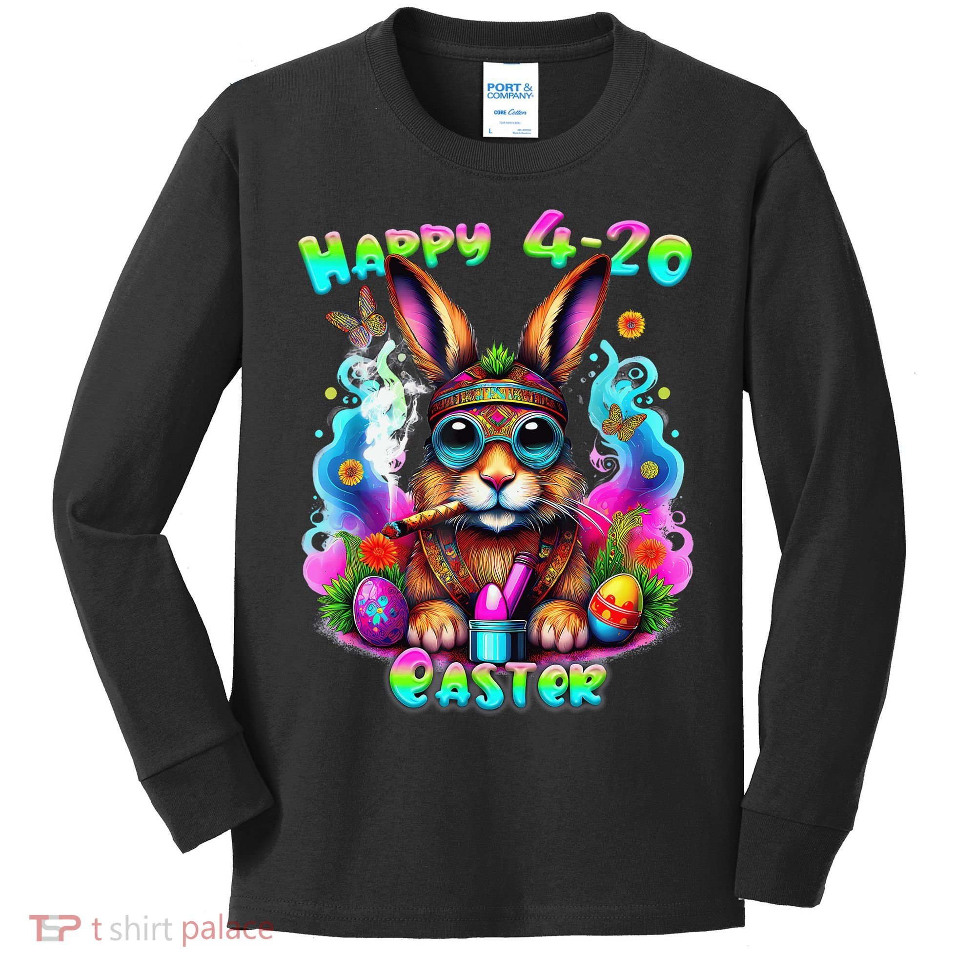Happy 420 Easter Day Bunny Smoking Weed Marijuana Funny 420 Kids Long Sleeve Shirt