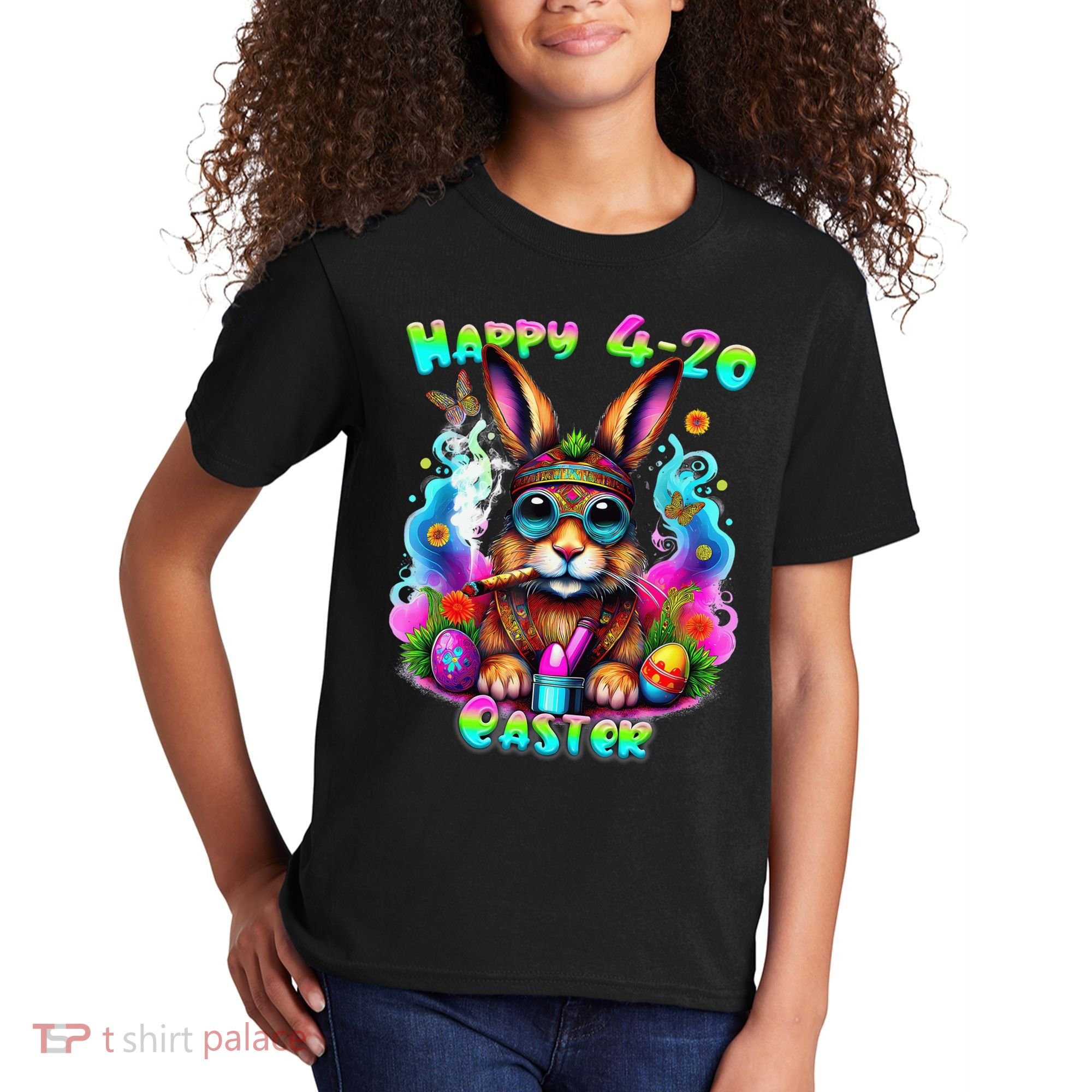 Happy 420 Easter Day Bunny Smoking Weed Marijuana Funny 420 Kids T-Shirt