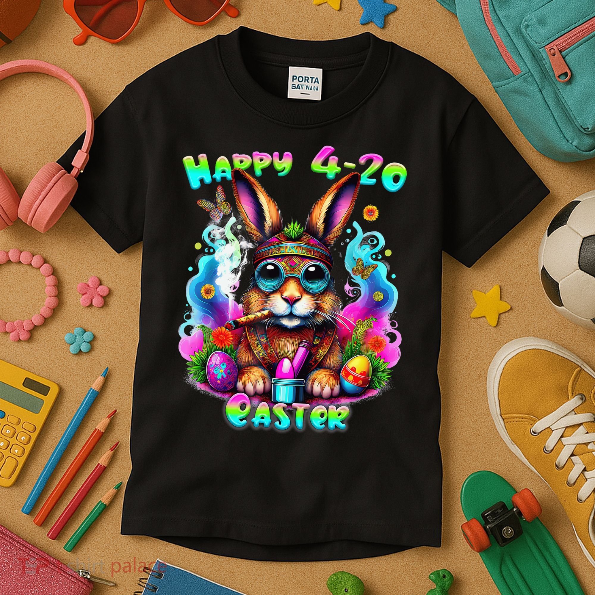 Happy 420 Easter Day Bunny Smoking Weed Marijuana Funny 420 Kids T-Shirt