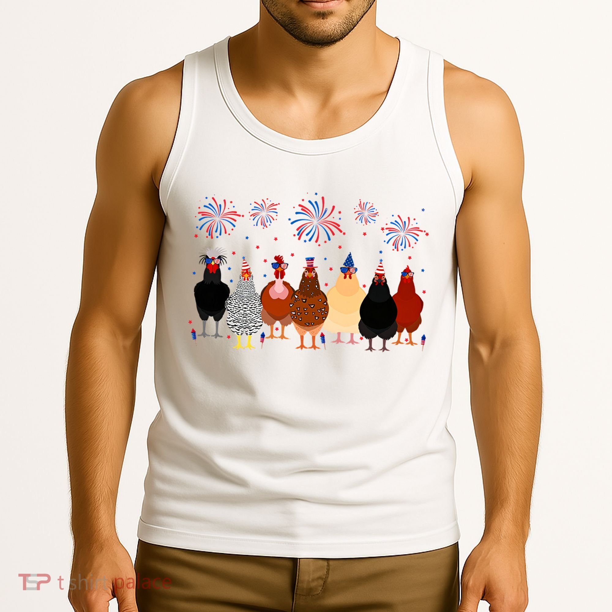 Happy 4th Of July Independence Day Fireworks Chicken Hen Farmer Tank Top