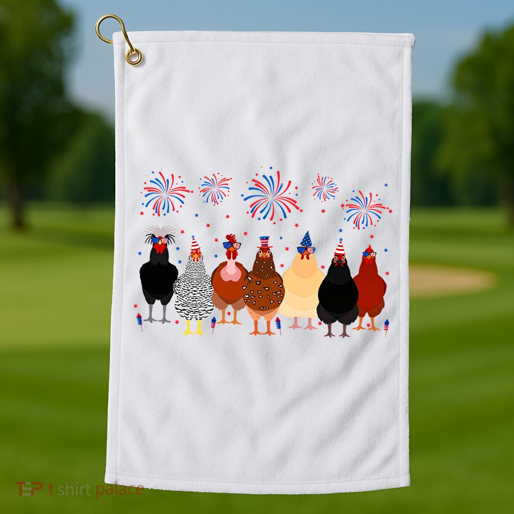 Happy 4th Of July Independence Day Fireworks Chicken Hen Farmer Golf Towel