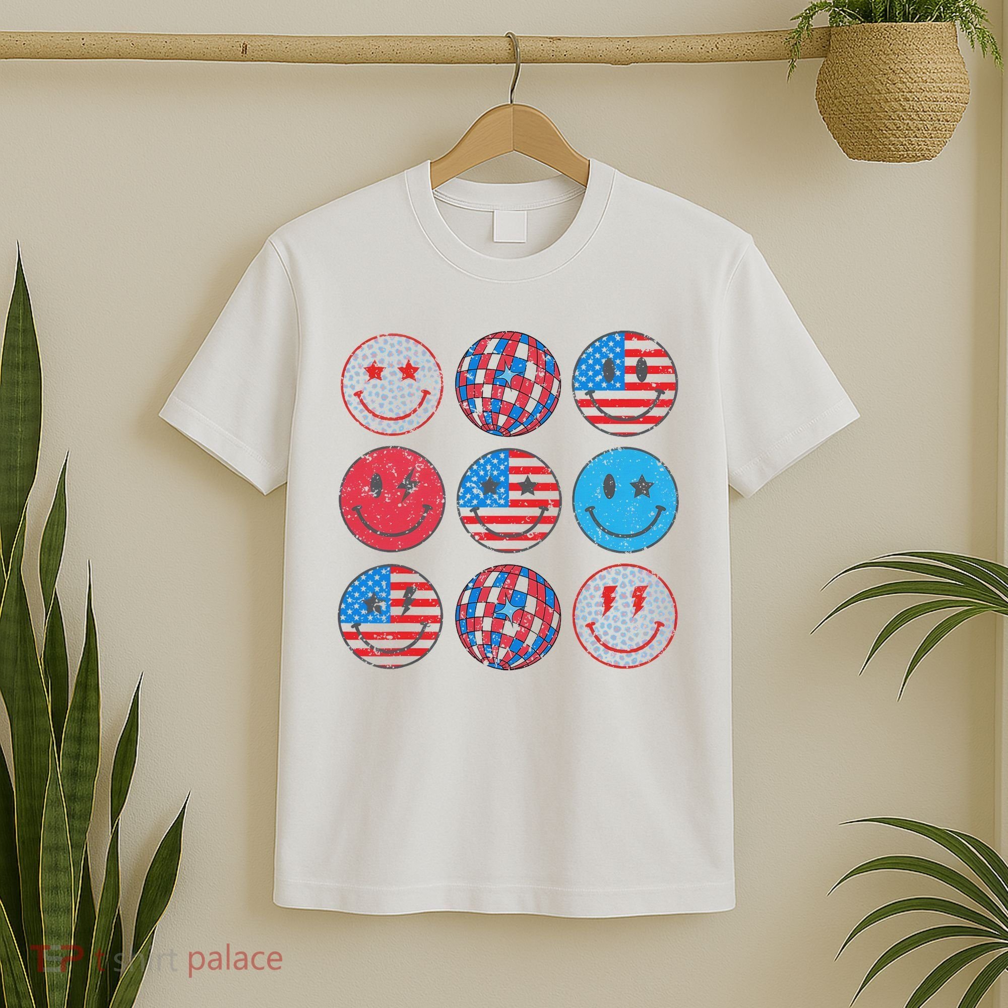 Happy 4th Of July Groovy Smile Face Red White Blue Usa Flag T-Shirt
