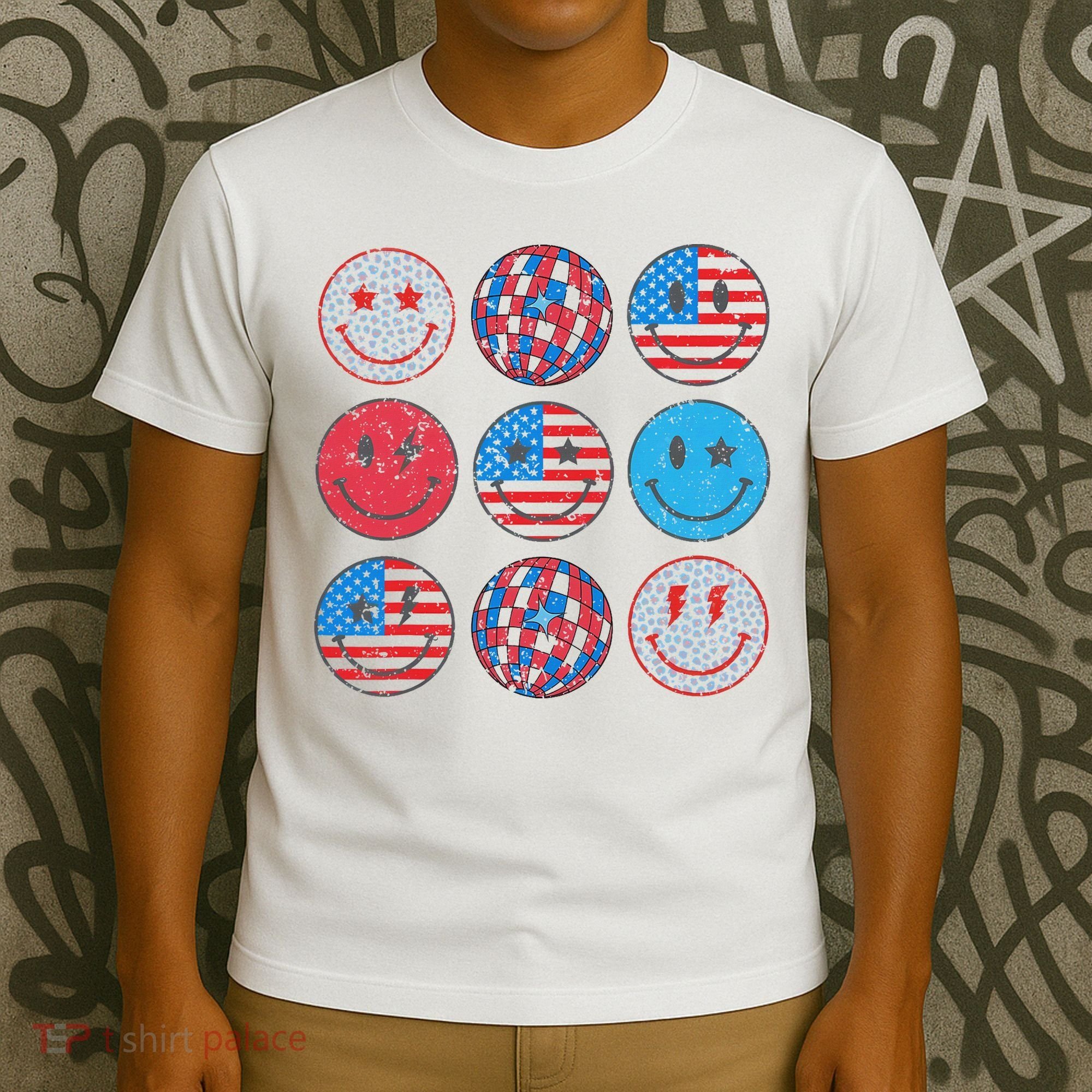 Happy 4th Of July Groovy Smile Face Red White Blue Usa Flag T-Shirt