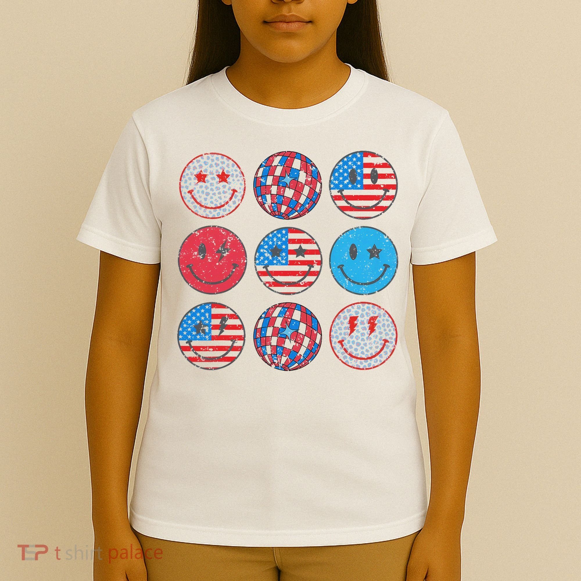 Happy 4th Of July Groovy Smile Face Red White Blue Usa Flag T-Shirt