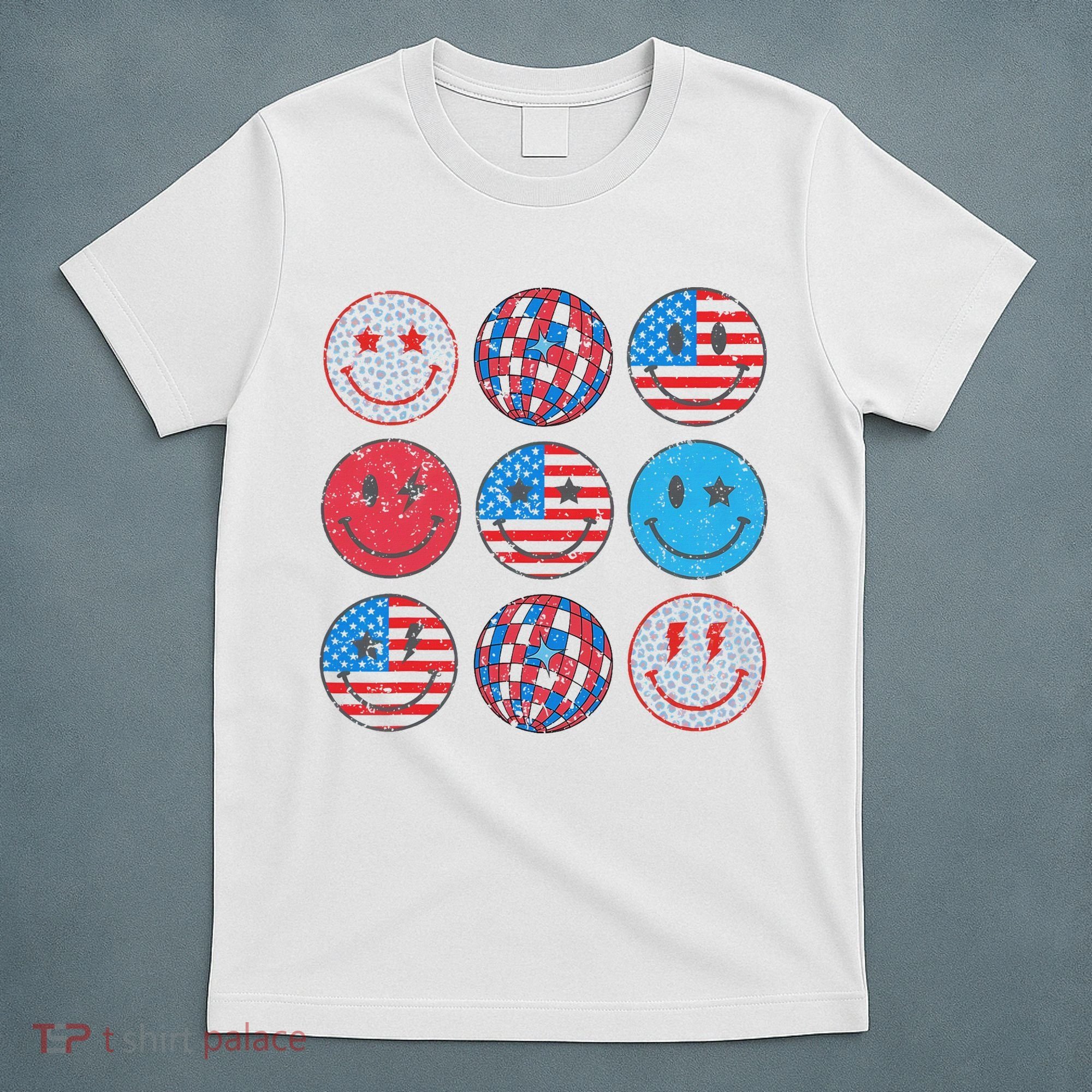 Happy 4th Of July Groovy Smile Face Red White Blue Usa Flag T-Shirt