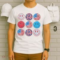 Happy 4th Of July Groovy Smile Face Red White Blue Usa Flag T-Shirt thumb 6