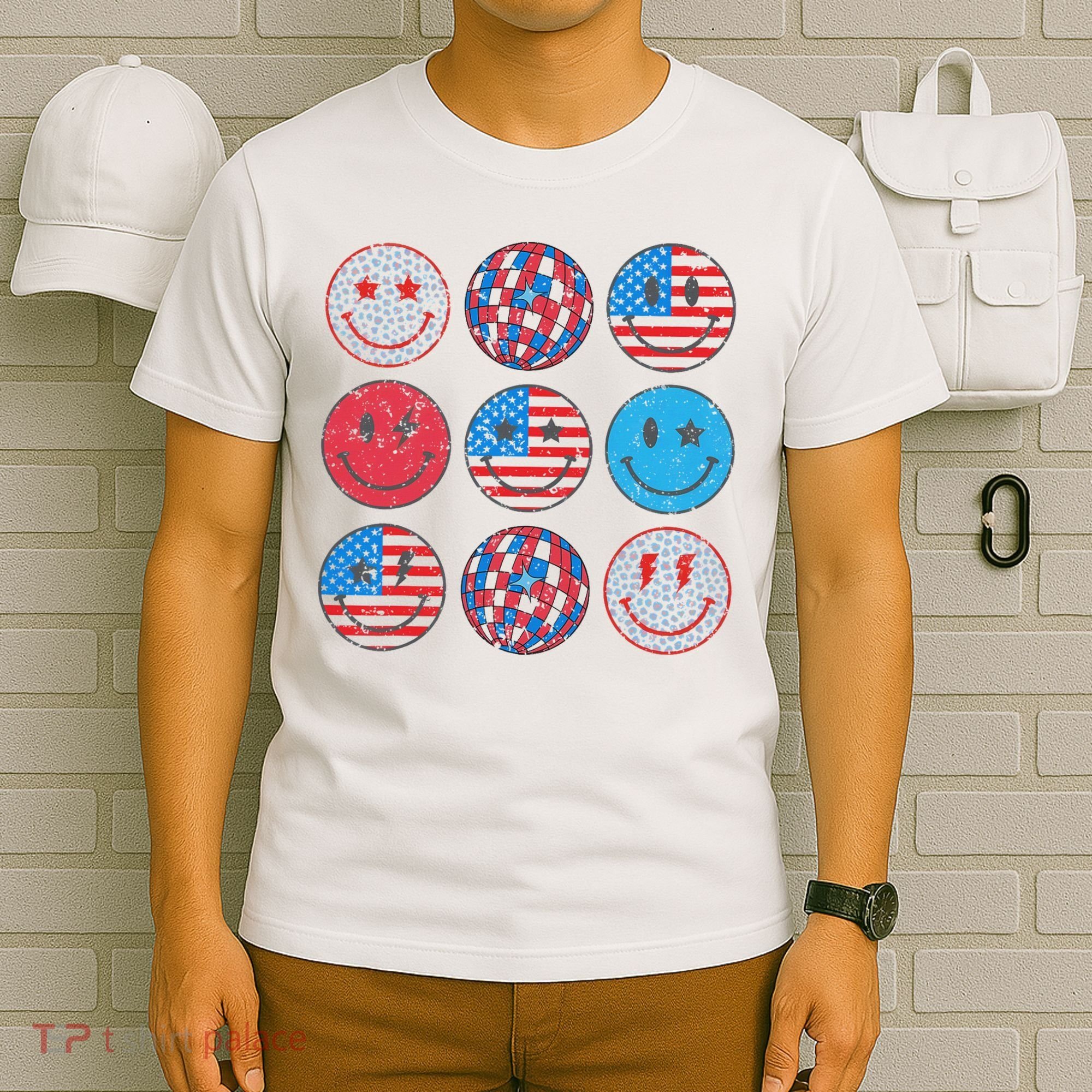 Happy 4th Of July Groovy Smile Face Red White Blue Usa Flag T-Shirt