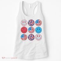 Happy 4th Of July Groovy Smile Face Red White Blue Usa Flag Women's Tank Top thumb 0