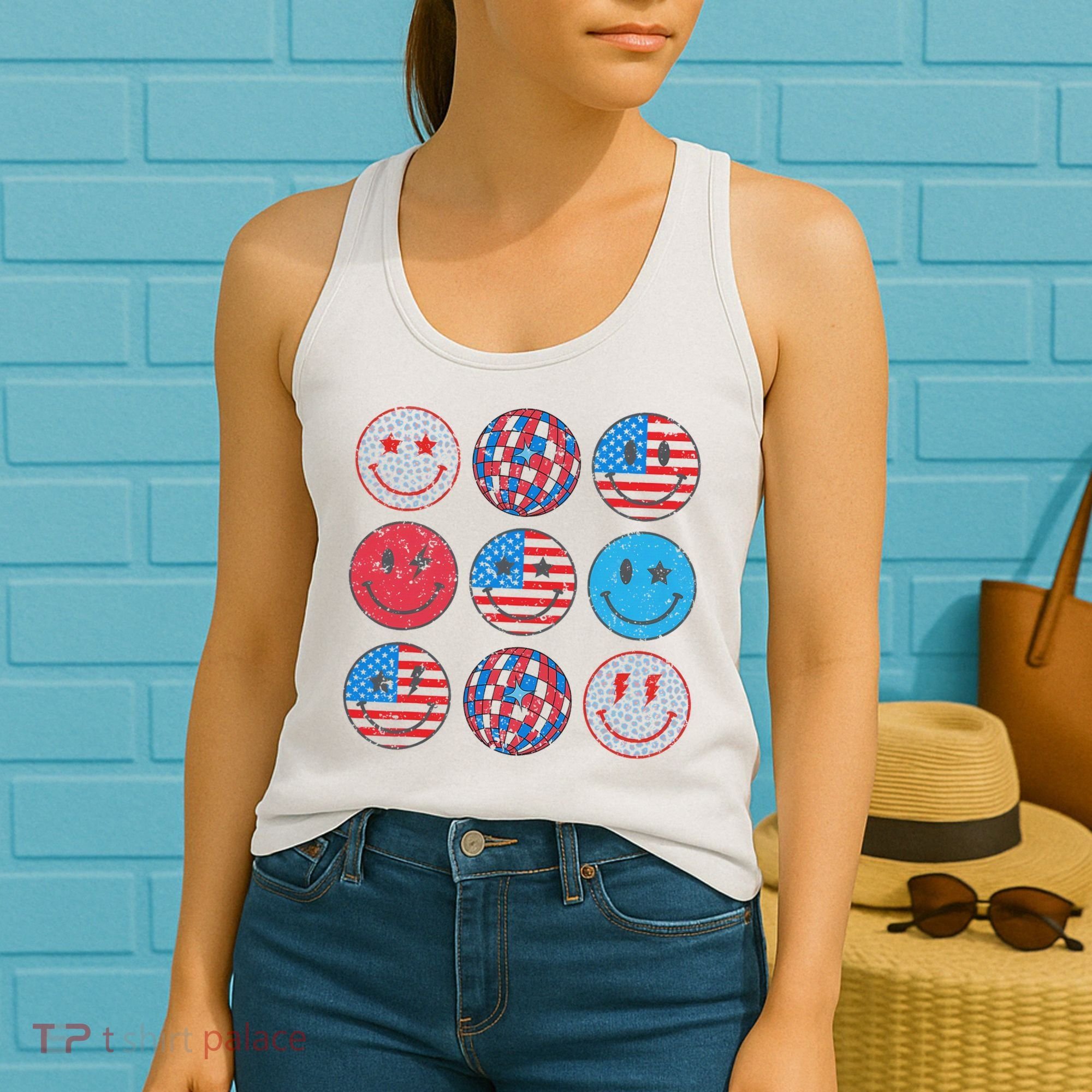 Happy 4th Of July Groovy Smile Face Red White Blue Usa Flag Women's Tank Top