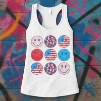 Happy 4th Of July Groovy Smile Face Red White Blue Usa Flag Women's Tank Top thumb 3