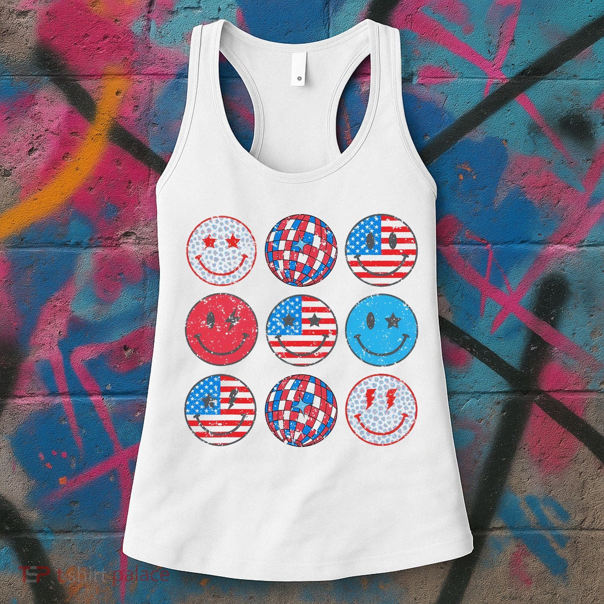 Happy 4th Of July Groovy Smile Face Red White Blue Usa Flag Women's Tank Top