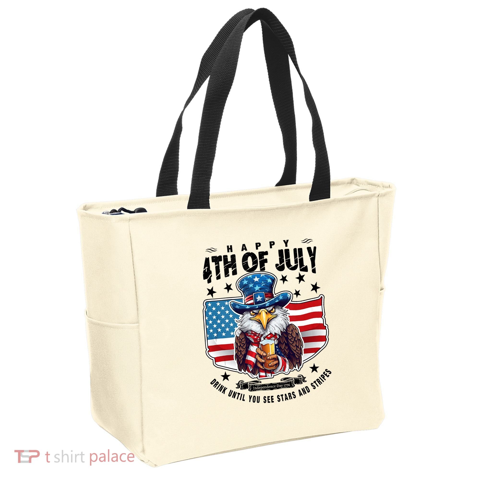 Happy 4th Of July Stars Stripes Usa Bald Eagle Beer Drinking Tote Bag