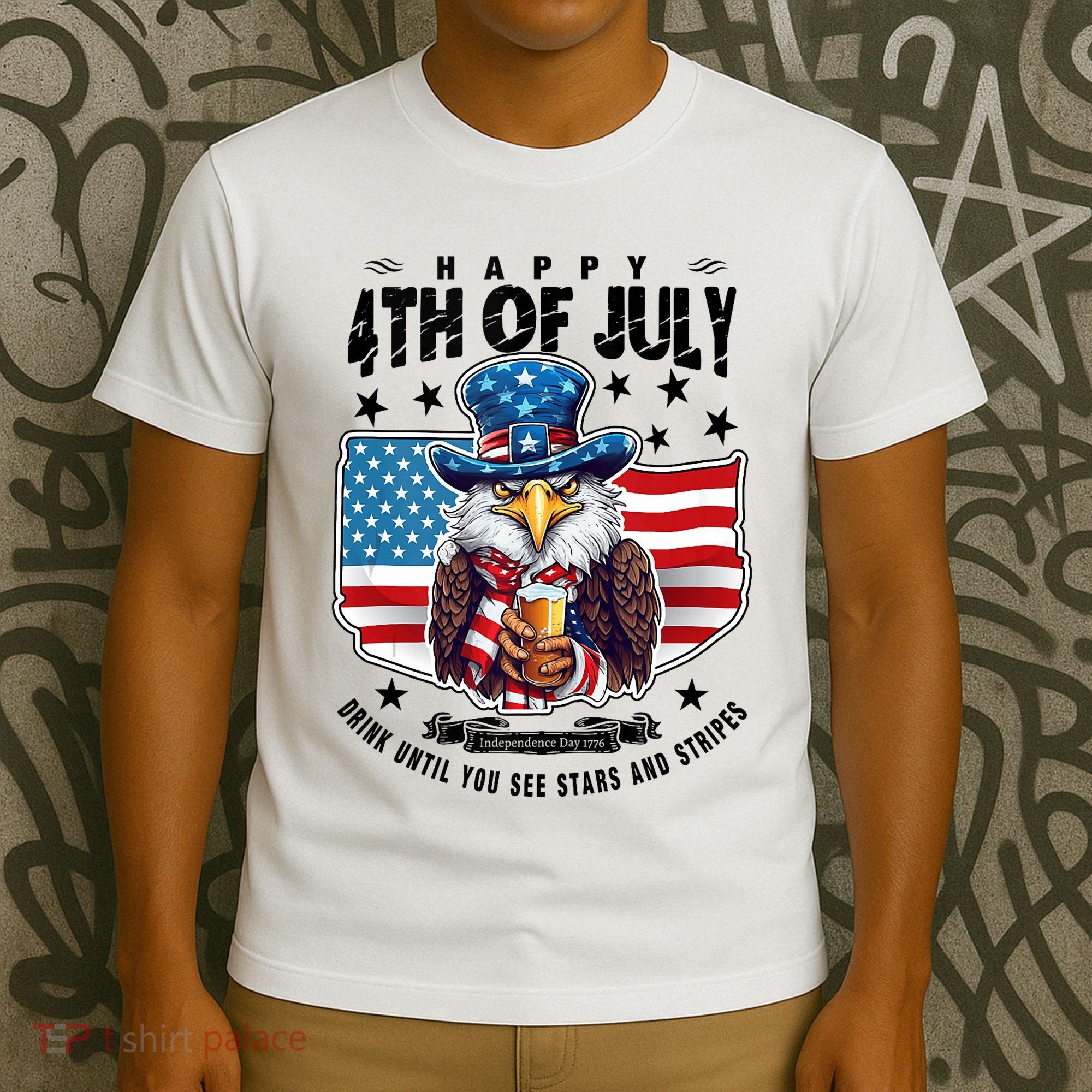 Happy 4th Of July Stars Stripes Usa Bald Eagle Beer Drinking T-Shirt